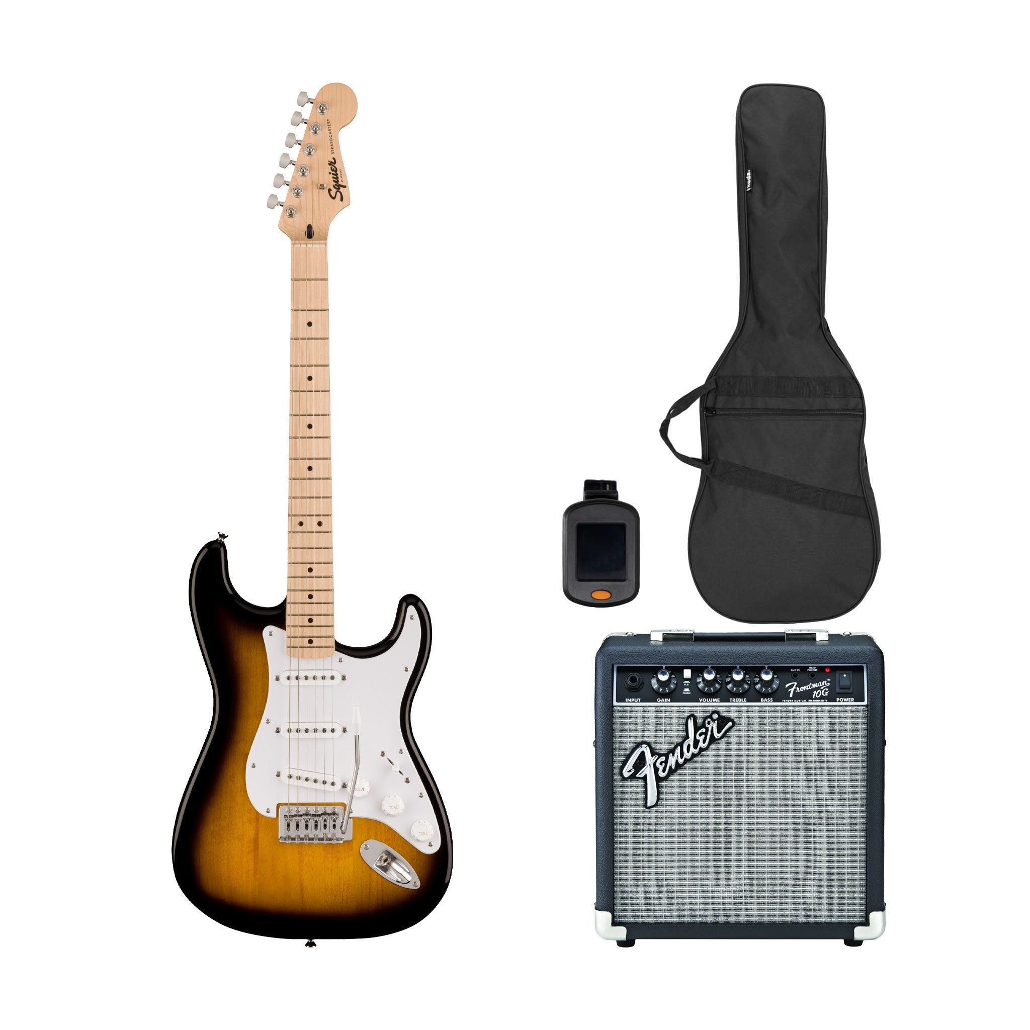 Squier Sonic Stratocaster Electric Guitar Bundle w/White Pickguard, Maple FB, 2-Color Sunburst | Zoso Music Sdn Bhd