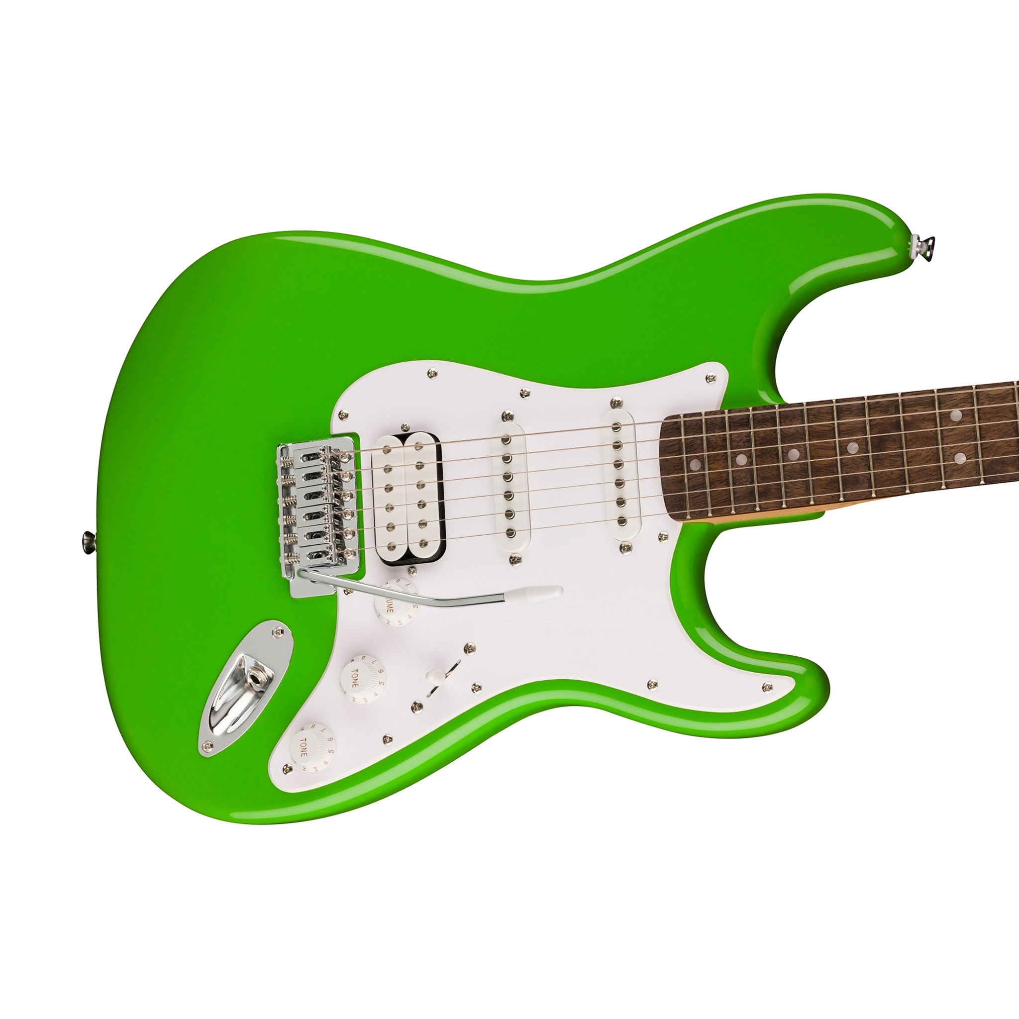 Squier FSR Sonic Stratocaster HSS Electric Guitar w/White Pickguard, Laurel FB, Lime Green |  SQUIER BY FENDER |  ELECTRIC GUITAR |  Zoso Music