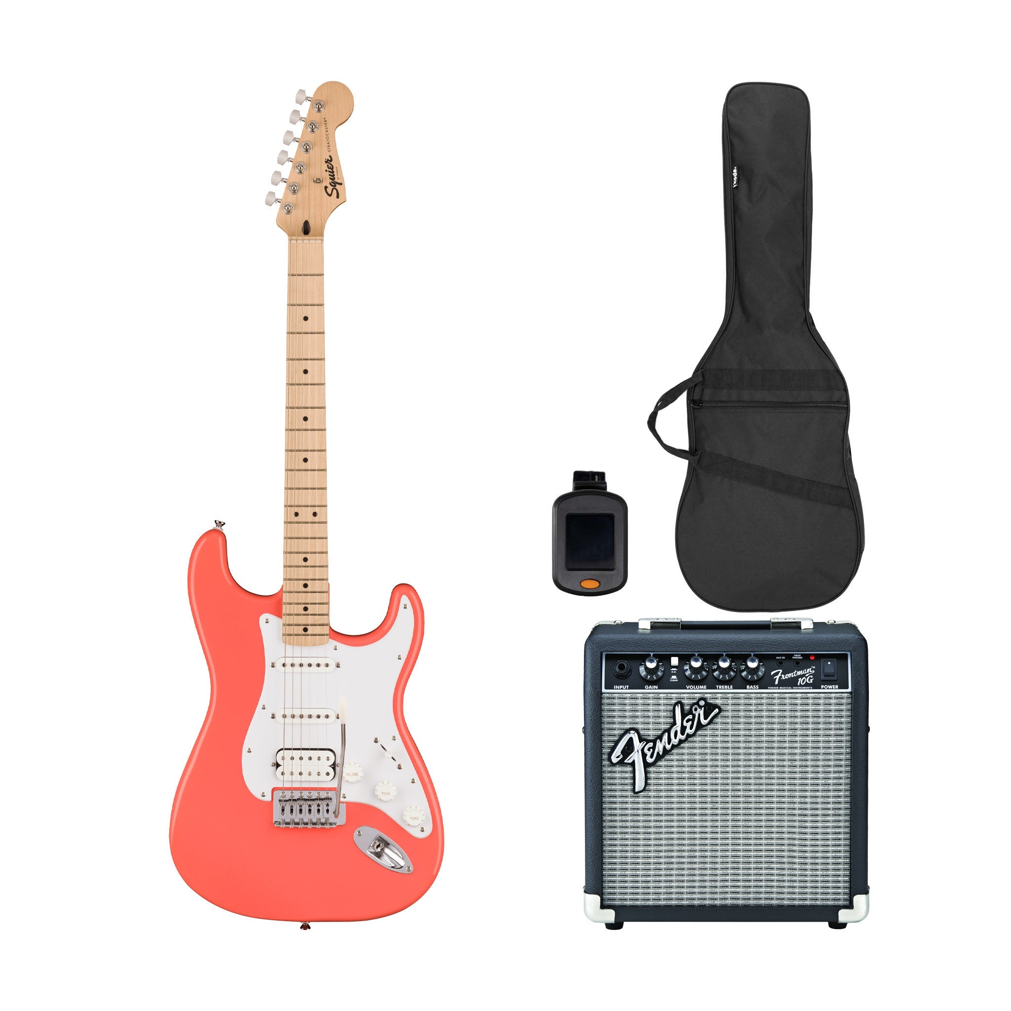 Squier Sonic Stratocaster HSS Electric Guitar Bundle w/White Pickguard, Maple FB, Tahitian Coral | Zoso Music Sdn Bhd
