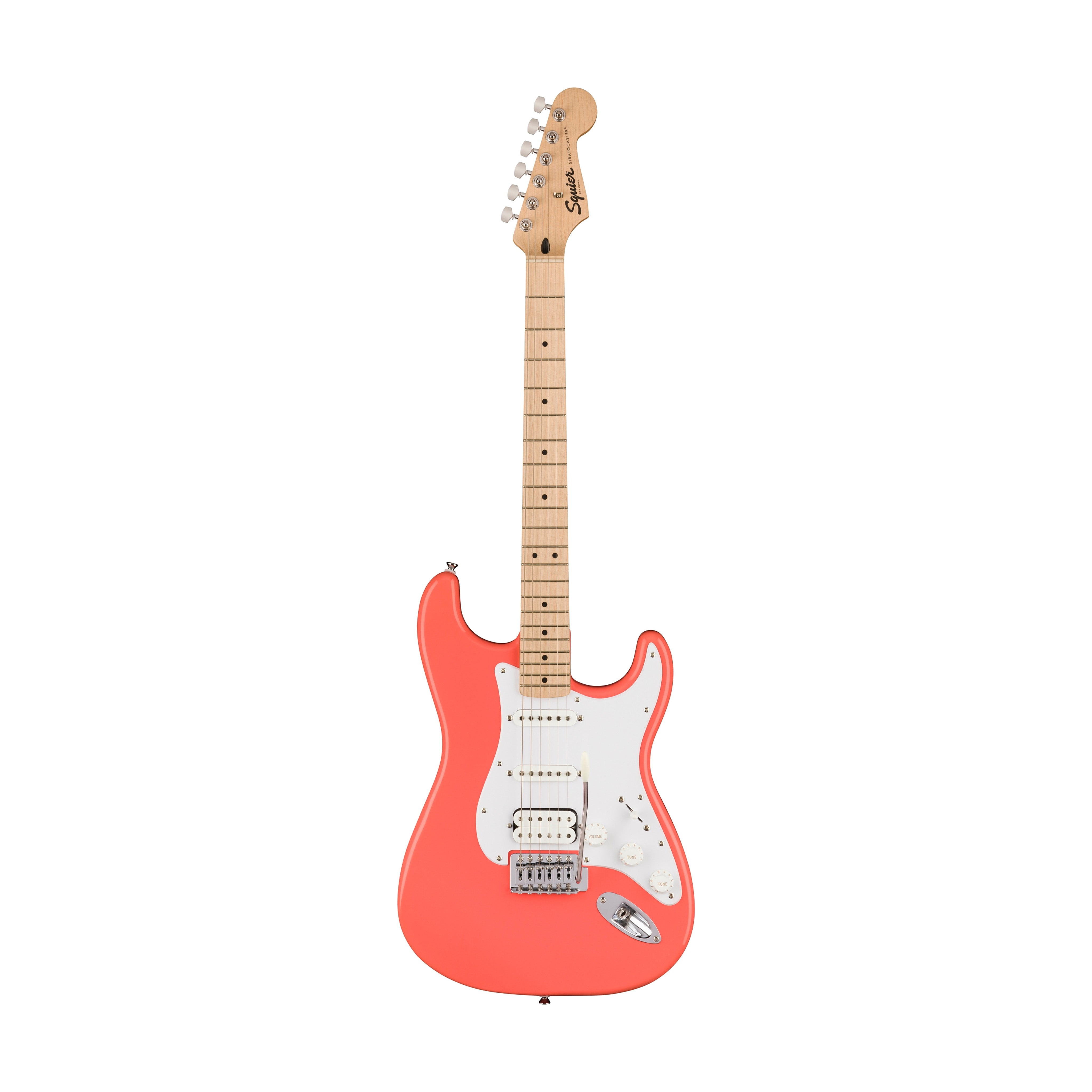 Squier Sonic Stratocaster HSS Electric Guitar Bundle w/White Pickguard, Maple FB, Tahitian Coral