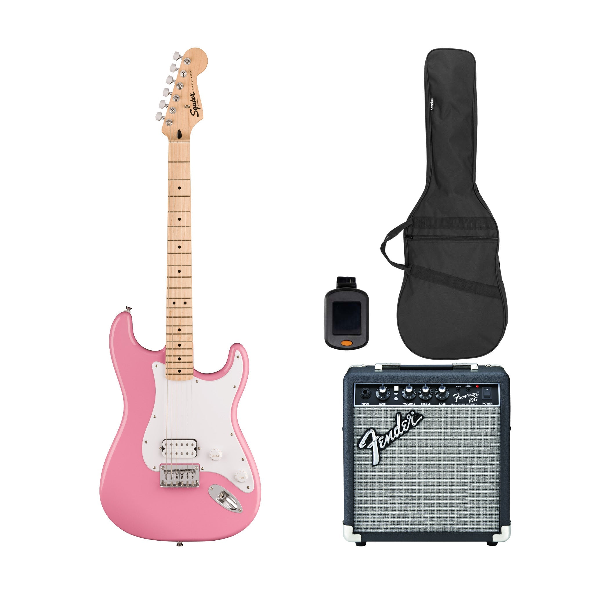 Squier Sonic Stratocaster HT H Electric Guitar Bundle w/White Pickguard, Maple FB, Flash Pink | Zoso Music Sdn Bhd