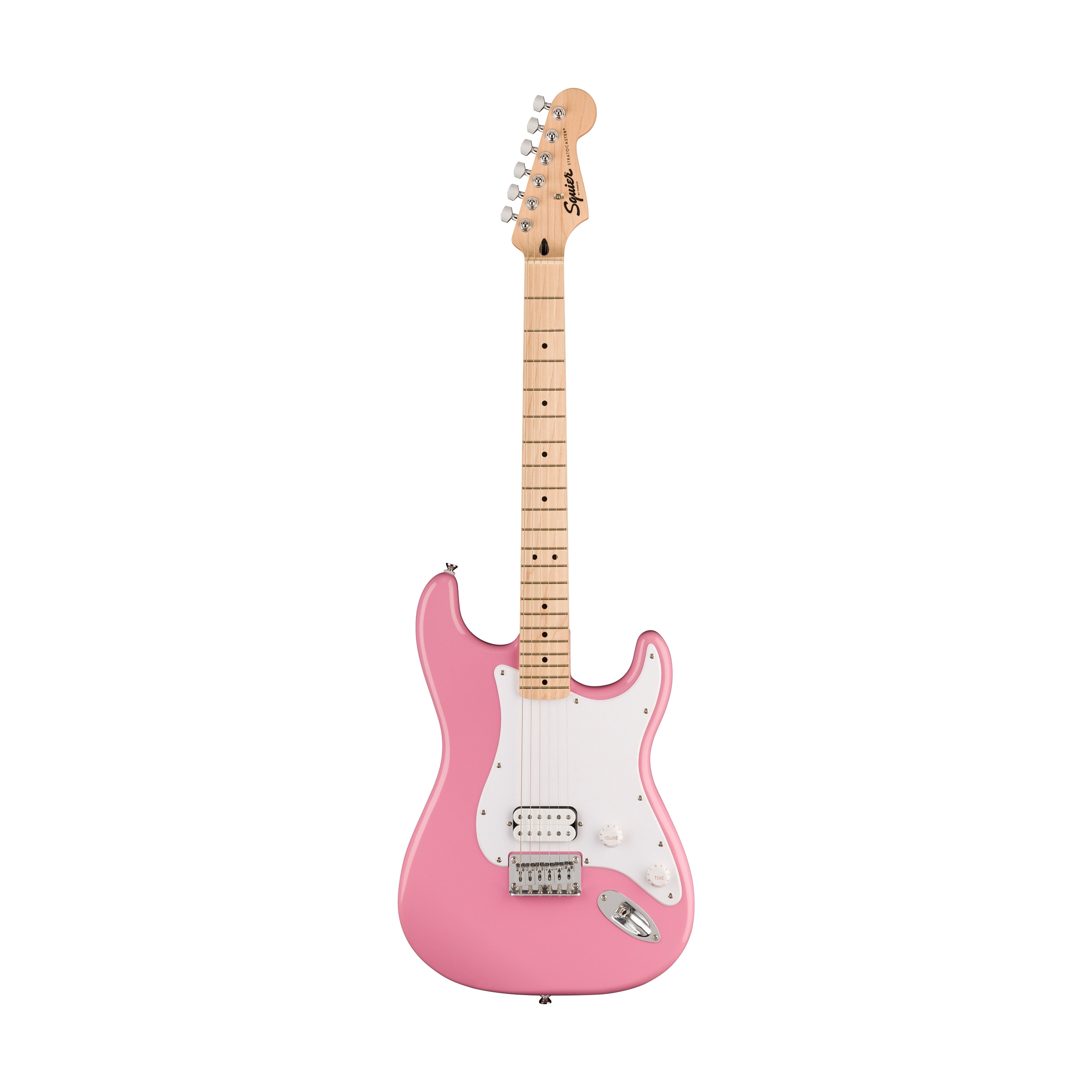 Squier Sonic Stratocaster HT H Electric Guitar Bundle w/White Pickguard, Maple FB, Flash Pink