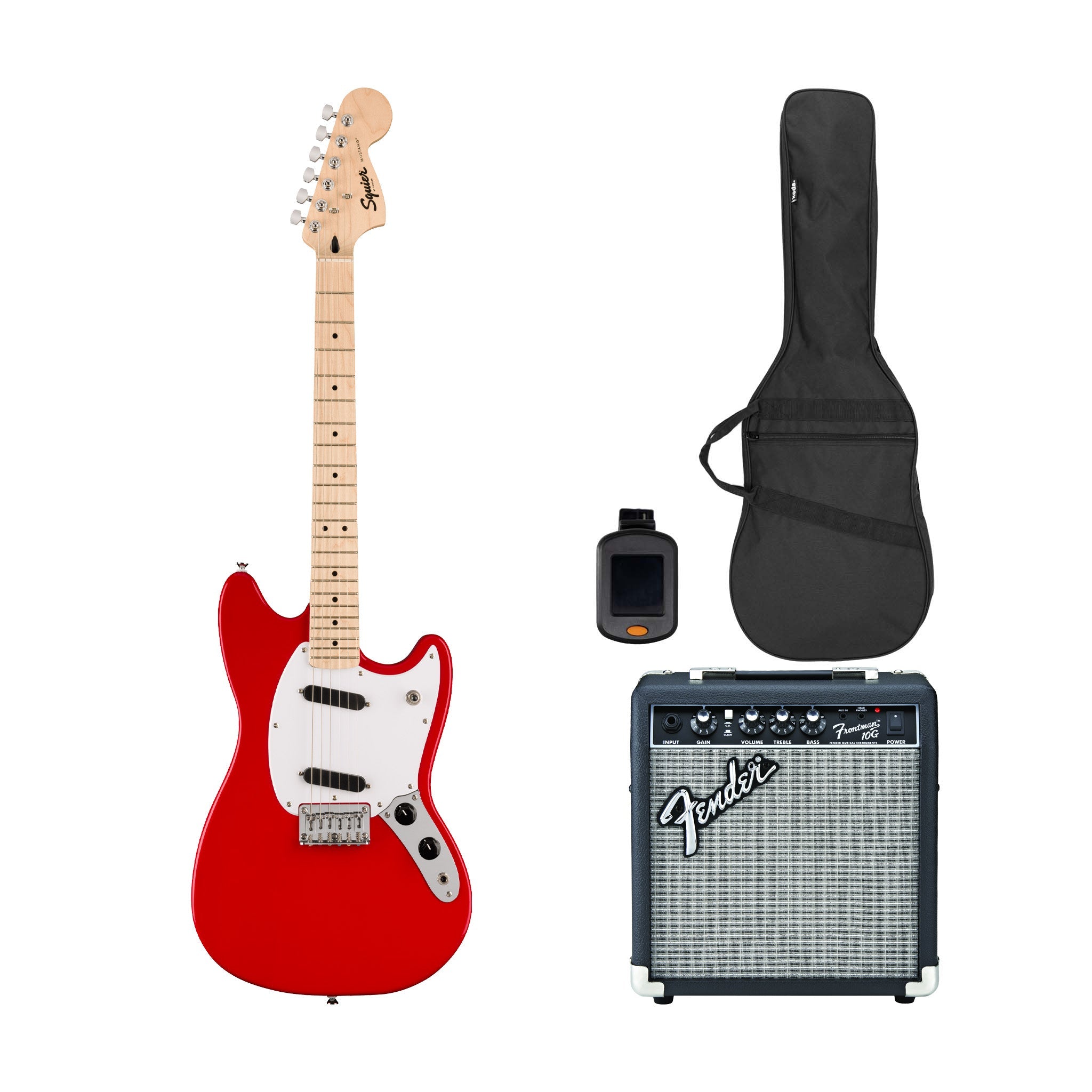 Squier Sonic Mustang Electric Guitar Bundle w/White Pickguard, Maple FB, Torino Red | Zoso Music Sdn Bhd