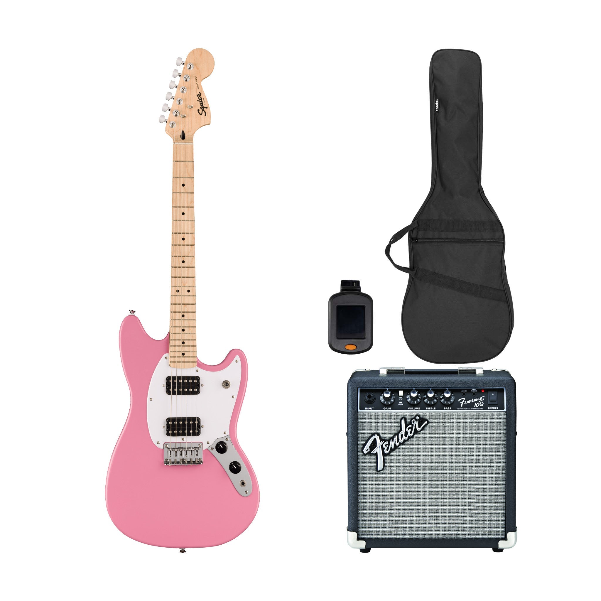 Squier Sonic Mustang HH Electric Guitar Bundle w/White Pickguard, Maple FB, Flash Pink | Zoso Music Sdn Bhd