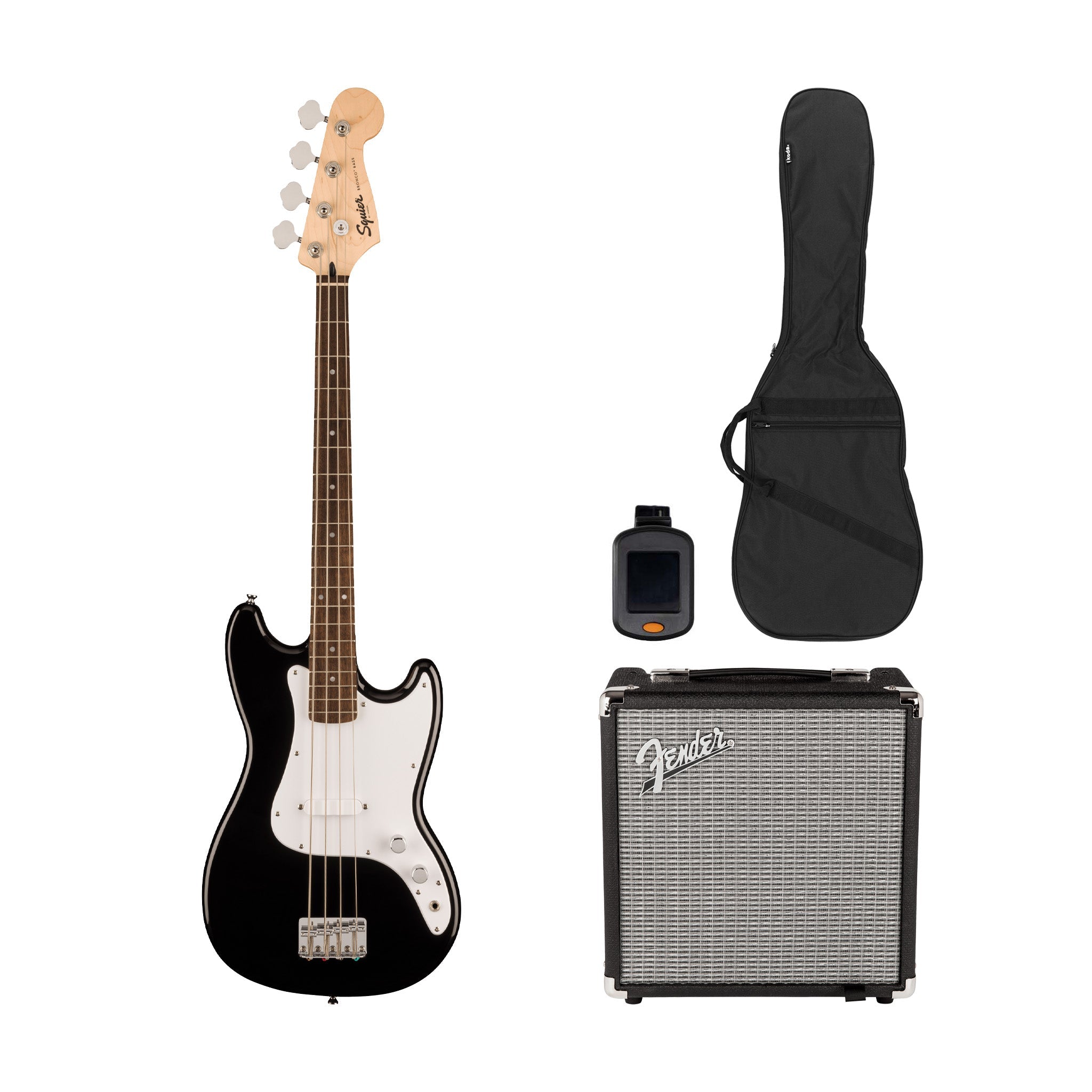 Squier Sonic Bronco Bass Guitar Bundle w/White Pickguard, Laurel FB, Black | Zoso Music Sdn Bhd