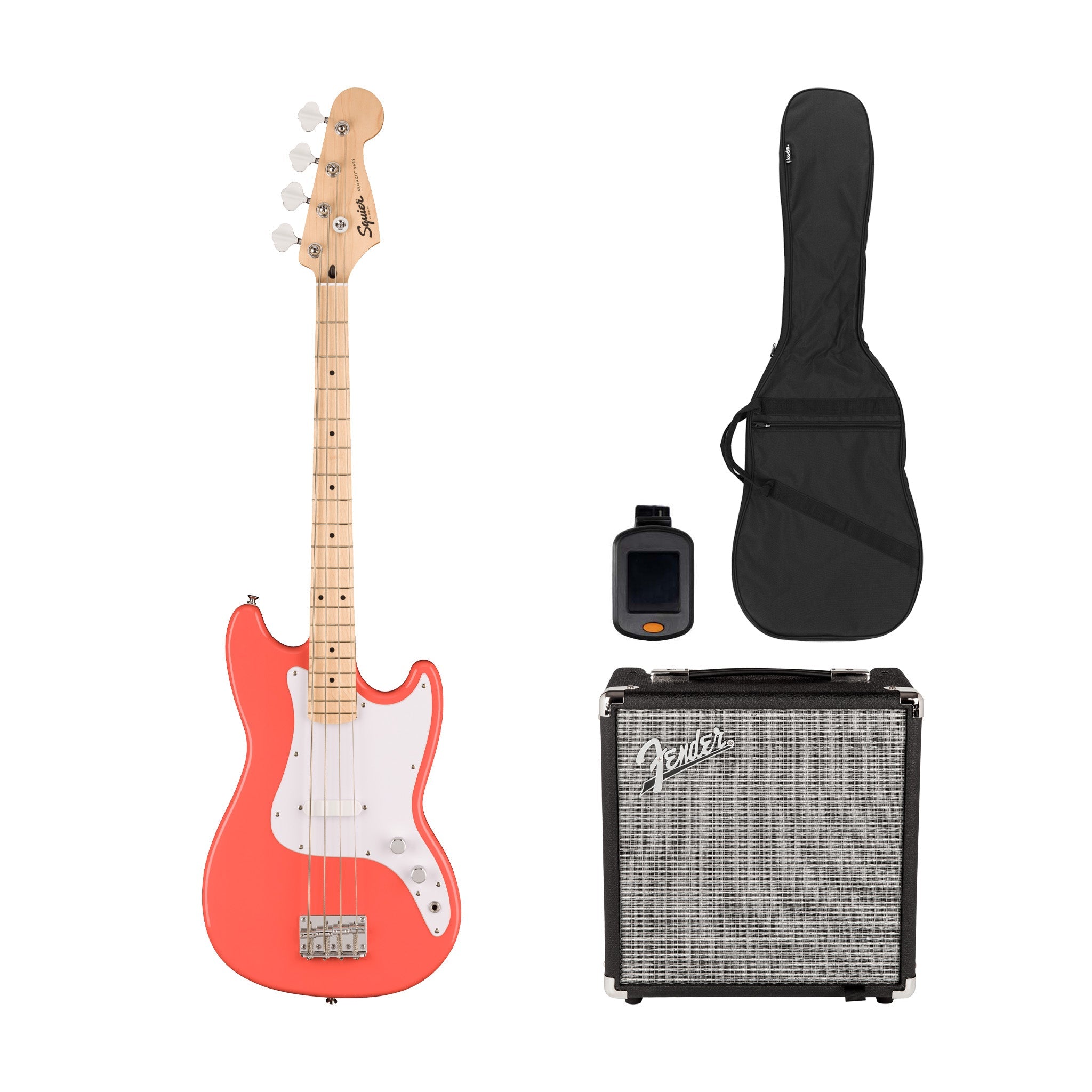 Squier Sonic Bronco Bass Guitar Bundle w/White Pickguard, Maple FB, Tahitian Coral | Zoso Music Sdn Bhd