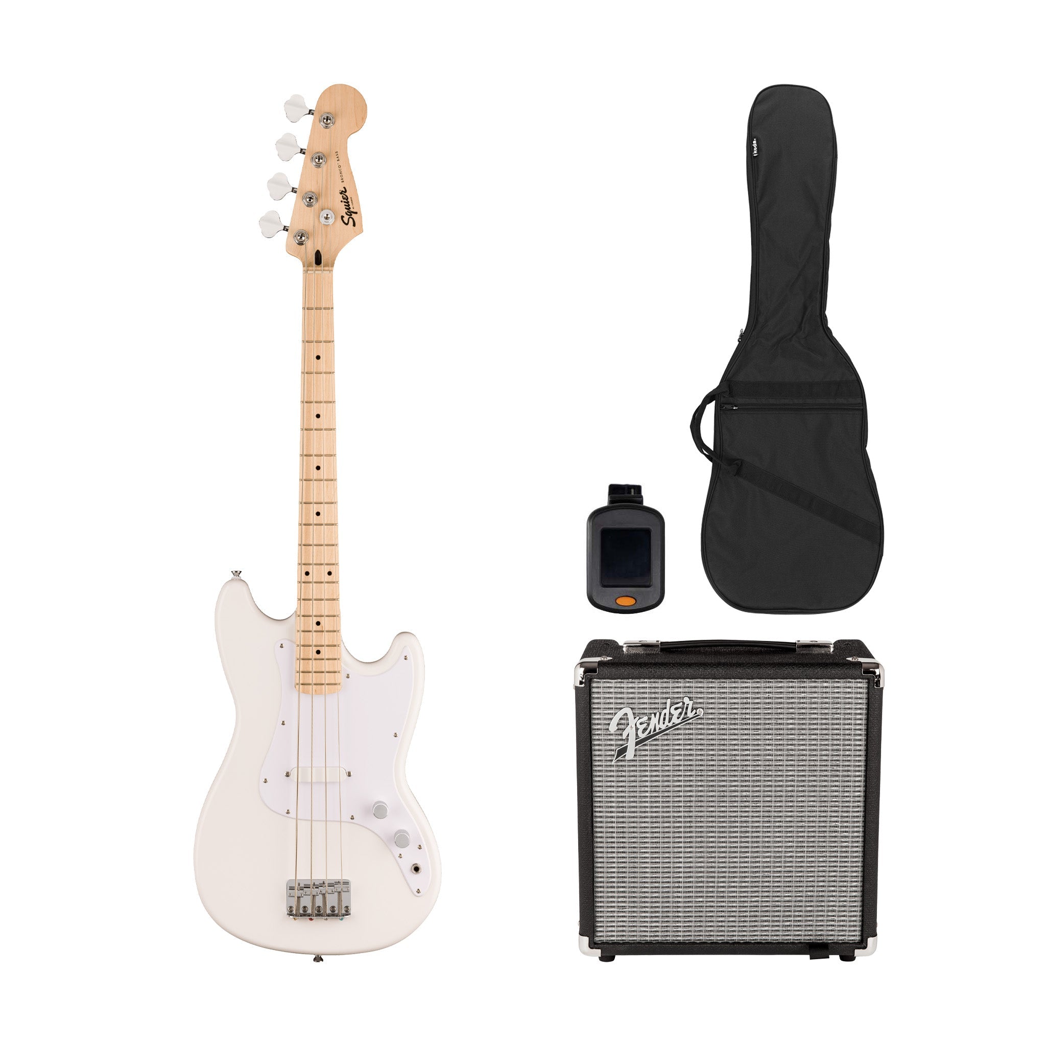 Squier Sonic Bronco Bass Guitar Bundle w/White Pickguard, Maple FB, Arctic White | Zoso Music Sdn Bhd