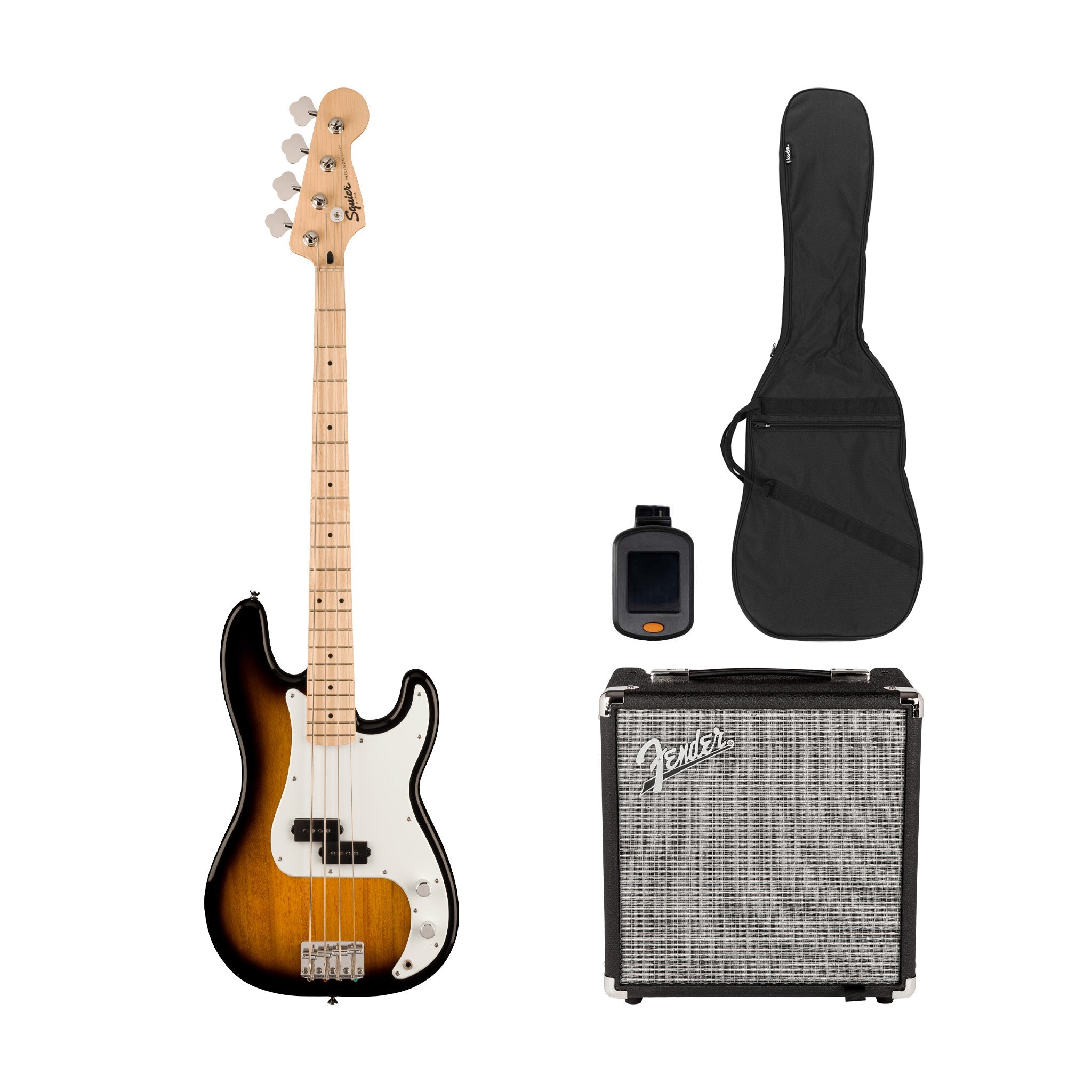 Squier Sonic Precision Bass Guitar Bundle w/White Pickguard, Maple FB, 2-Color Sunburst | Zoso Music Sdn Bhd