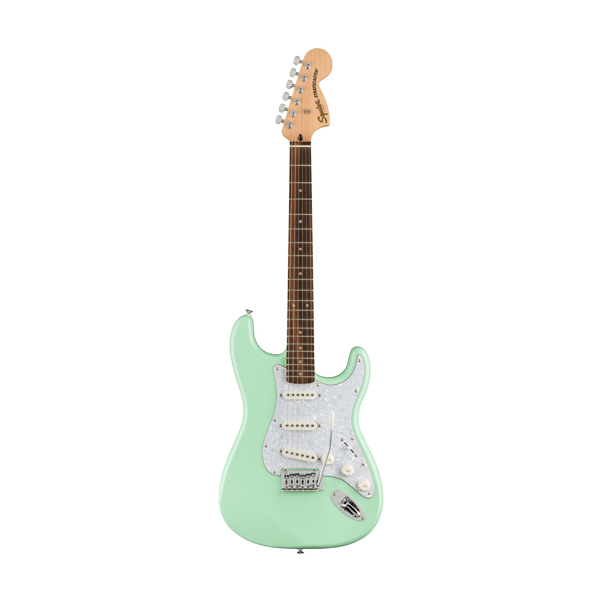 Squier FSR Affinity Series Stratocaster Guitar w/White Pearloid Pickguard, Laurel FB, Surf Green |  SQUIER BY FENDER |  ELECTRIC GUITAR |  Zoso Music