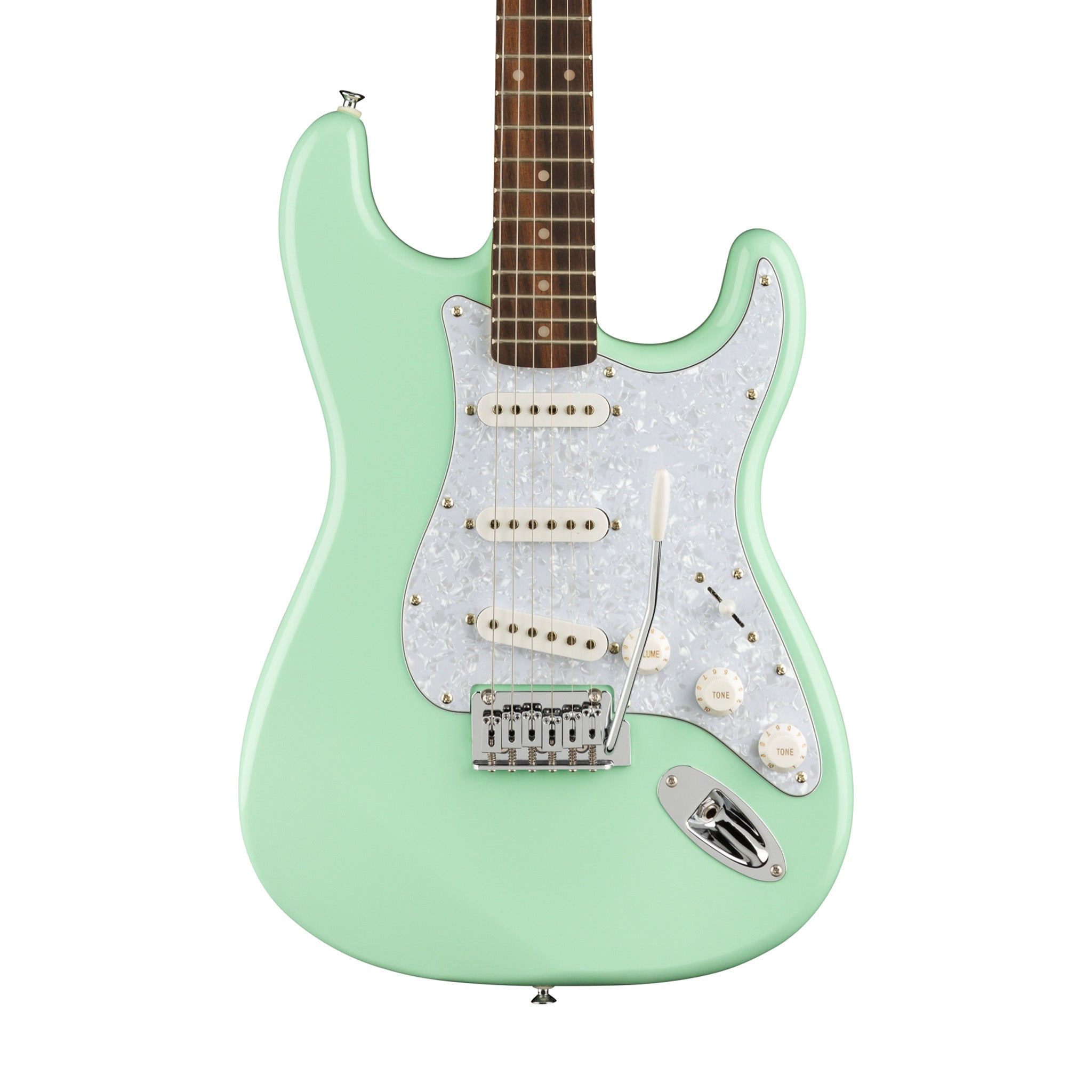 Squier FSR Affinity Series Stratocaster Guitar w/White Pearloid Pickguard, Laurel FB, Surf Green | Zoso Music Sdn Bhd