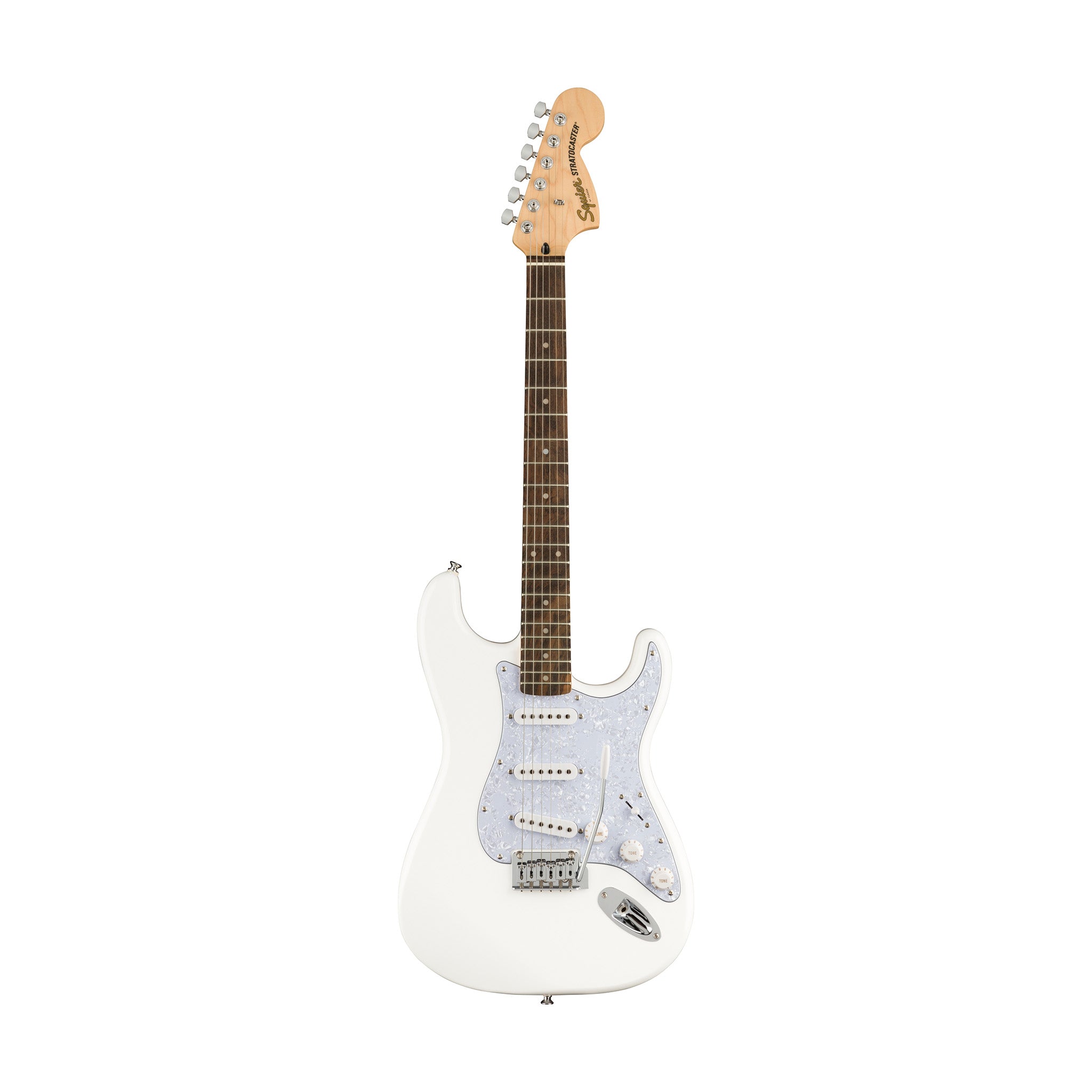 Squier FSR Affinity Series Stratocaster Guitar w/White Pearloid Pickguard, Laurel FB, Arctic White |  SQUIER BY FENDER |  ELECTRIC GUITAR |  Zoso Music