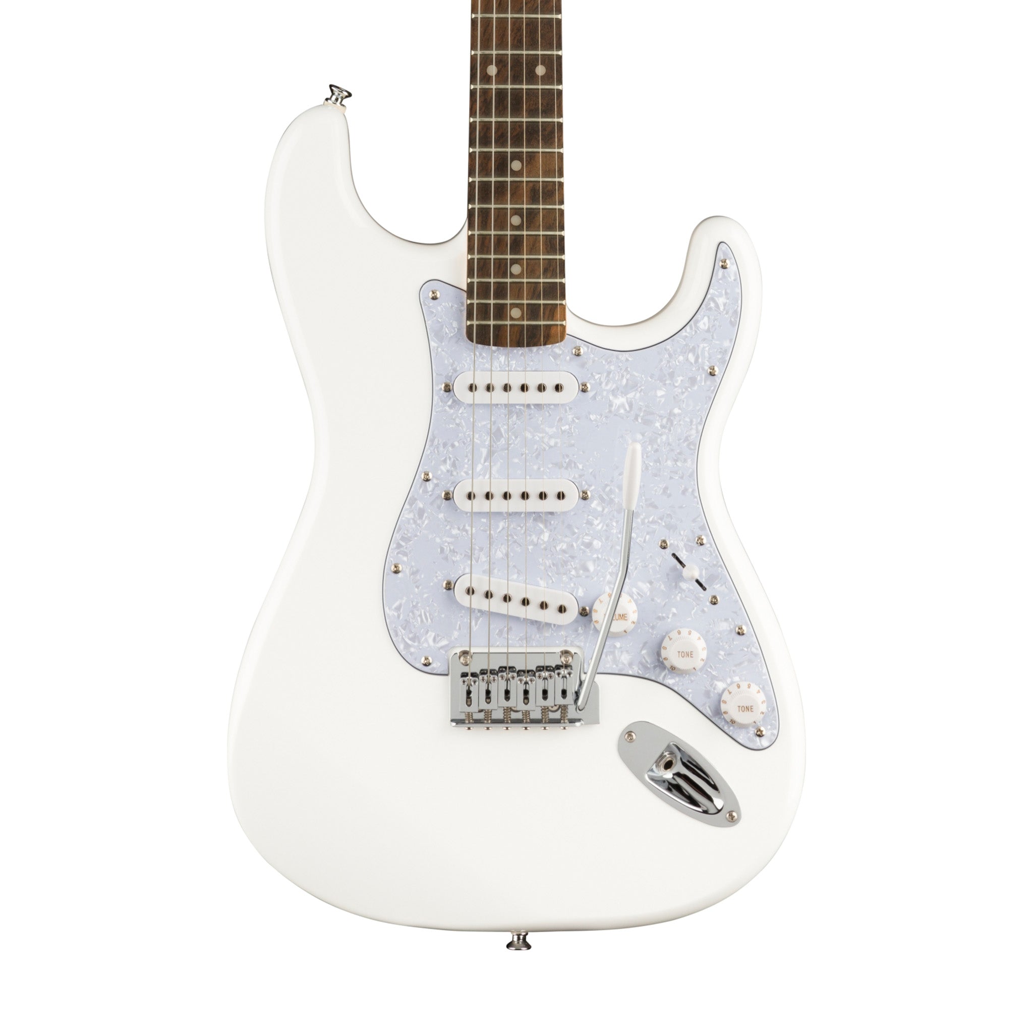 Squier FSR Affinity Series Stratocaster Guitar w/White Pearloid Pickguard, Laurel FB, Arctic White | Zoso Music Sdn Bhd