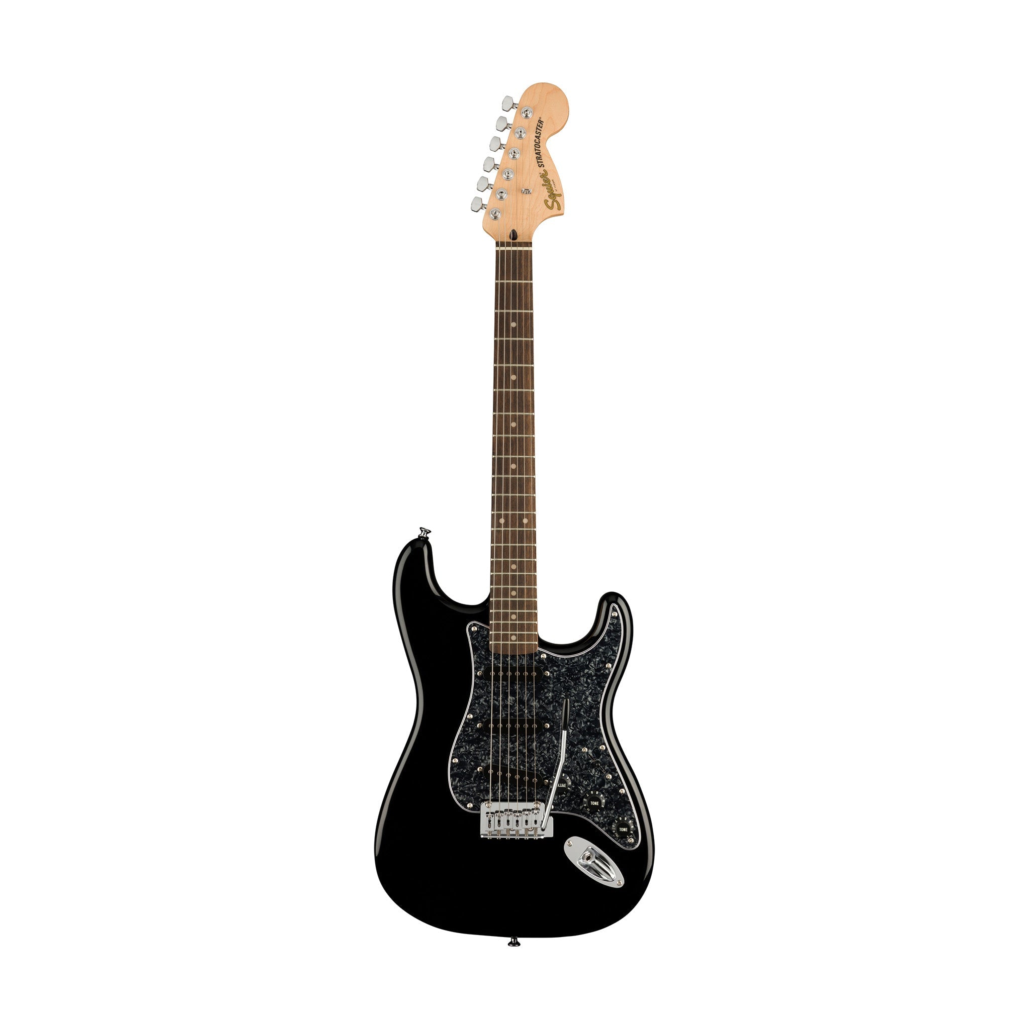 Squier FSR Affinity Series Stratocaster Electric Guitar w/Black Pearloid Pickguard, Laurel FB, Black |  SQUIER BY FENDER |  ELECTRIC GUITAR |  Zoso Music