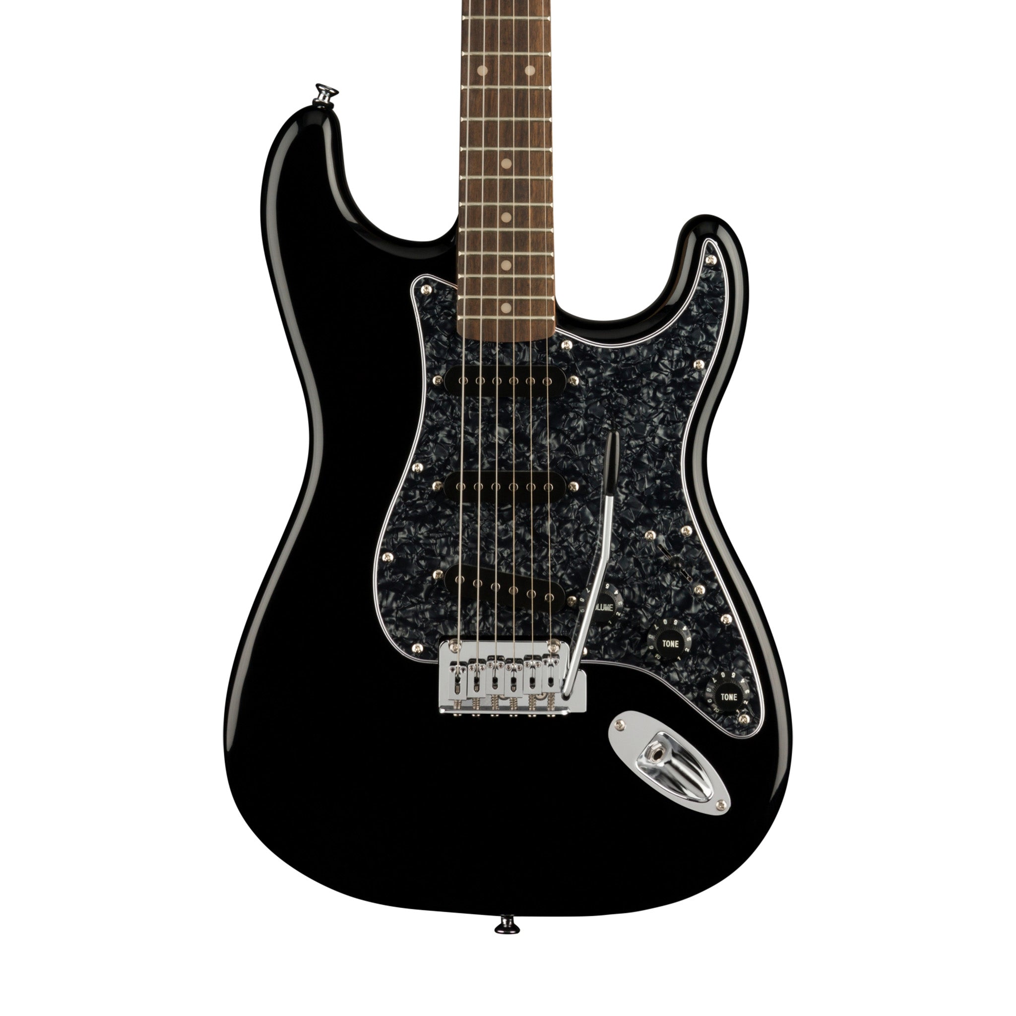 Squier FSR Affinity Series Stratocaster Electric Guitar w/Black Pearloid Pickguard, Laurel FB, Black | Zoso Music Sdn Bhd