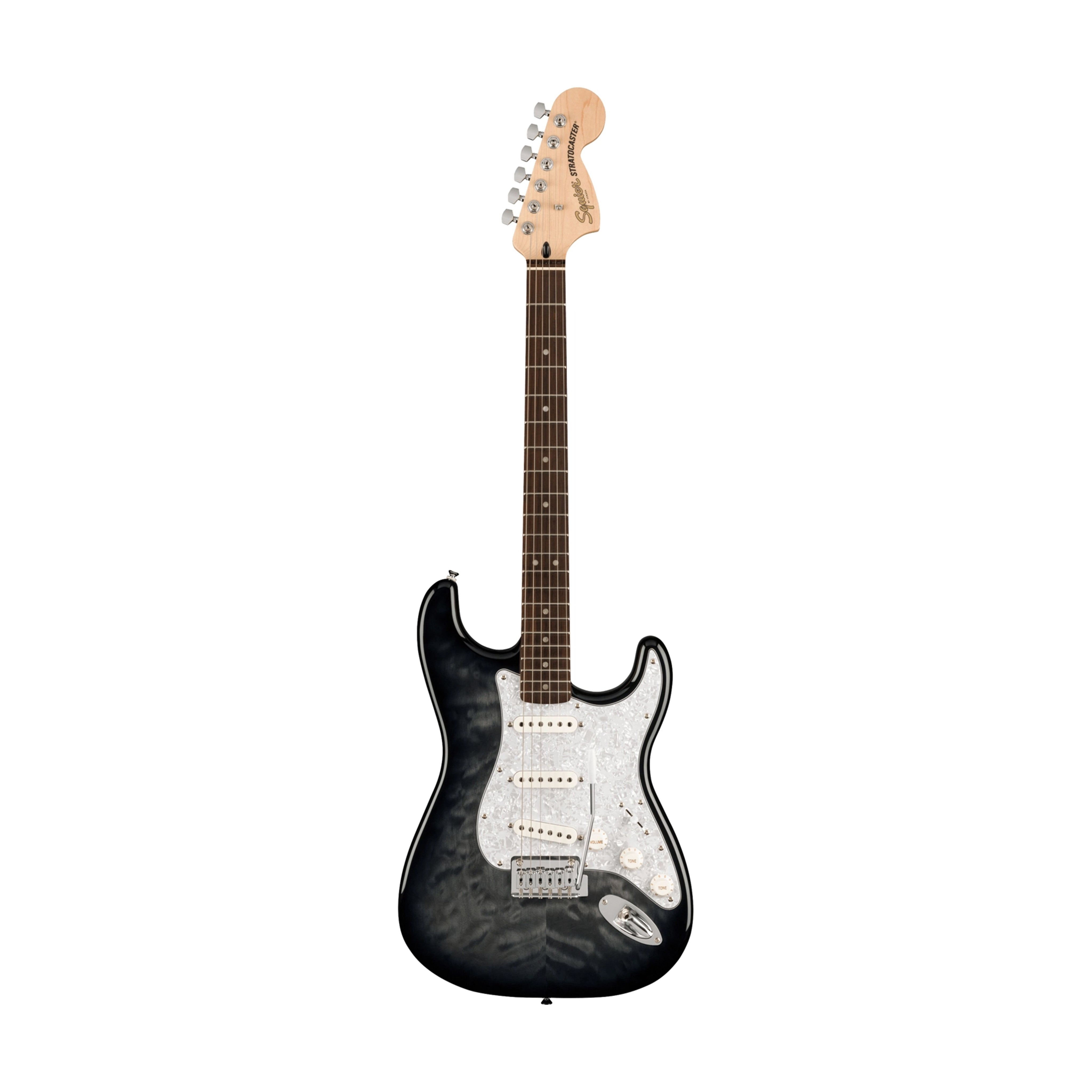 Squier FSR Affinity Series Stratocaster QMT Electric Guitar, Laurel FB, Black Burst