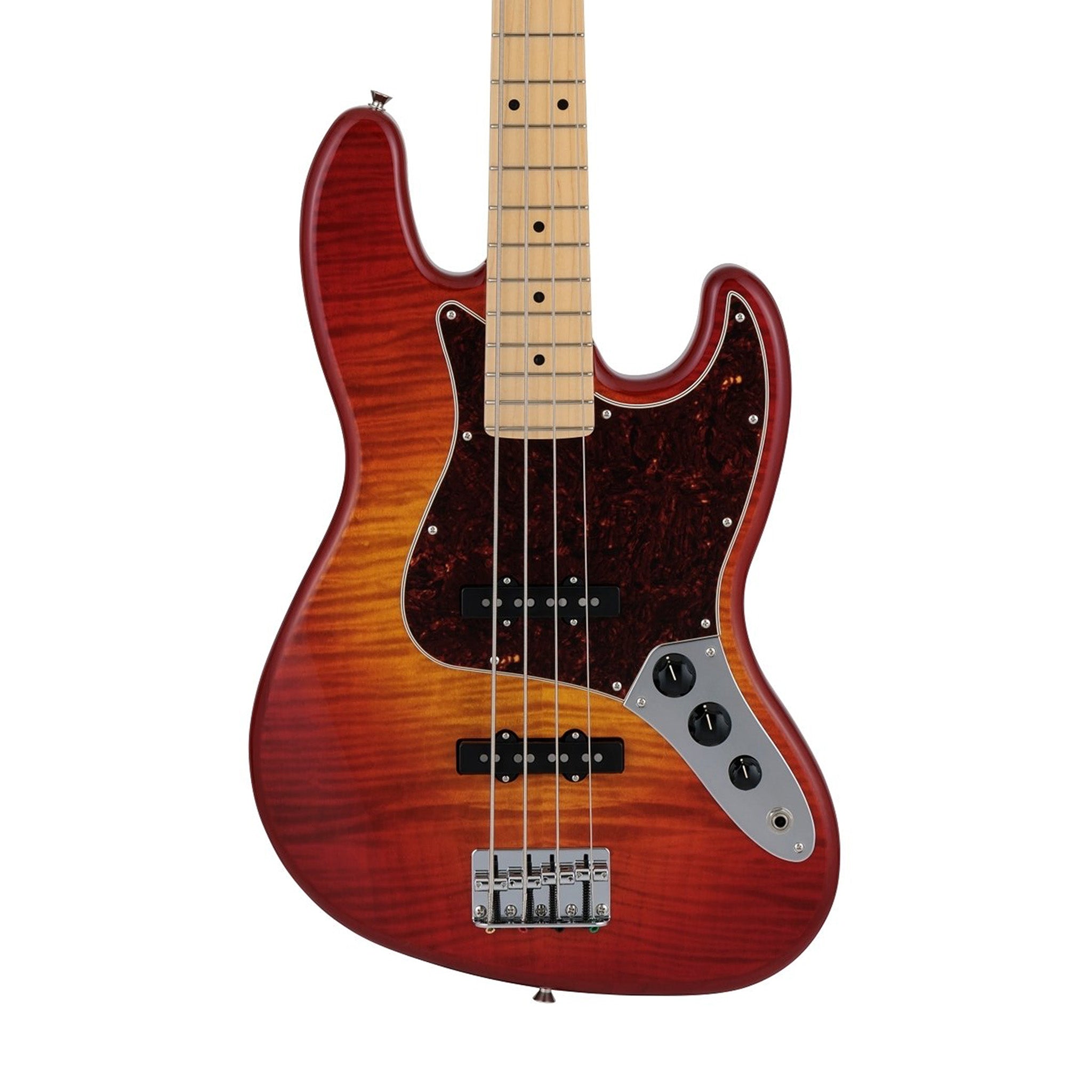 Fender Japan Hybrid II Jazz Bass Guitar, Maple FB, Flame Sunset Orange Transparent | Zoso Music Sdn Bhd