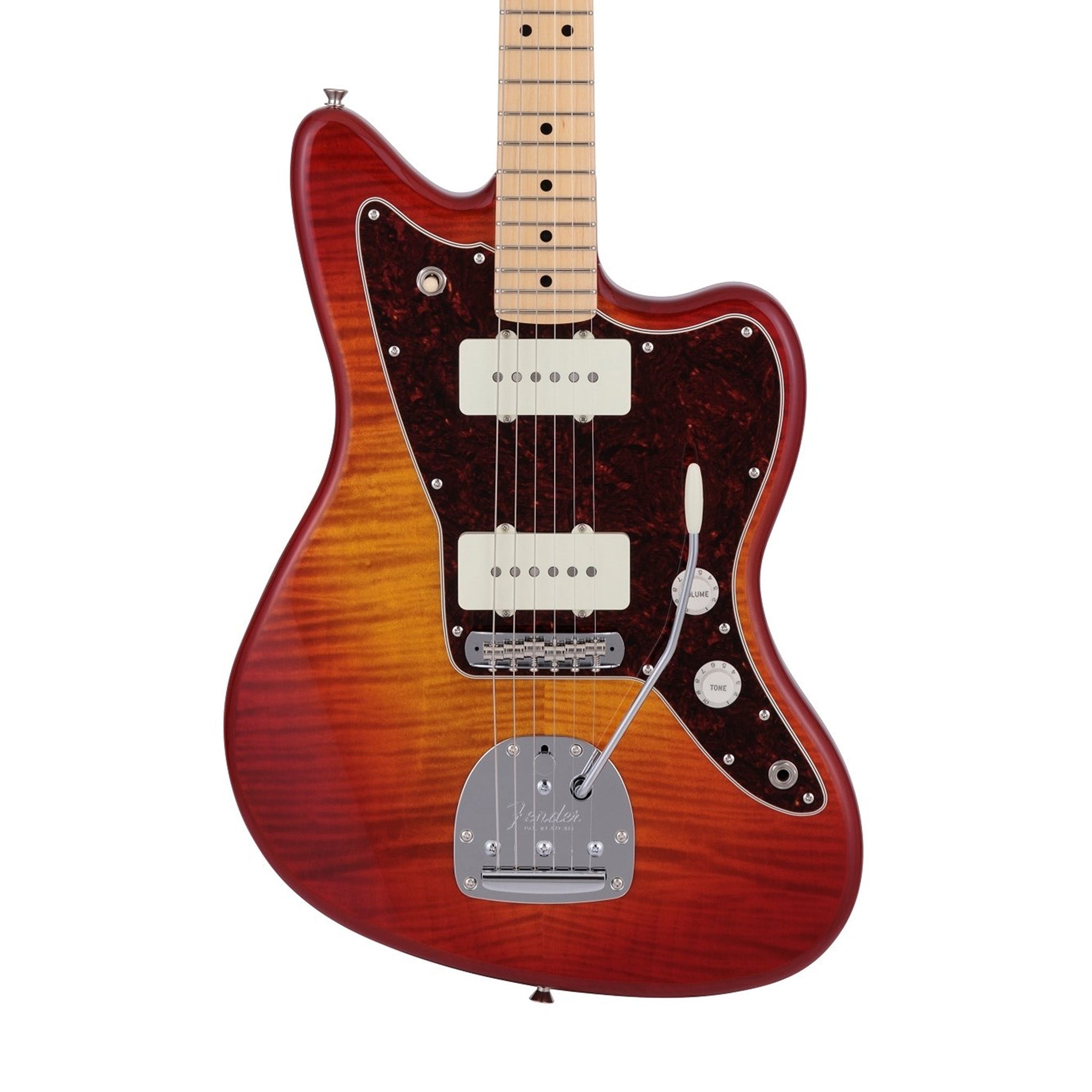 Fender Japan Hybrid II Jazzmaster Electric Guitar, Maple FB, Flame Sunset Orange Transparent | Zoso Music Sdn Bhd