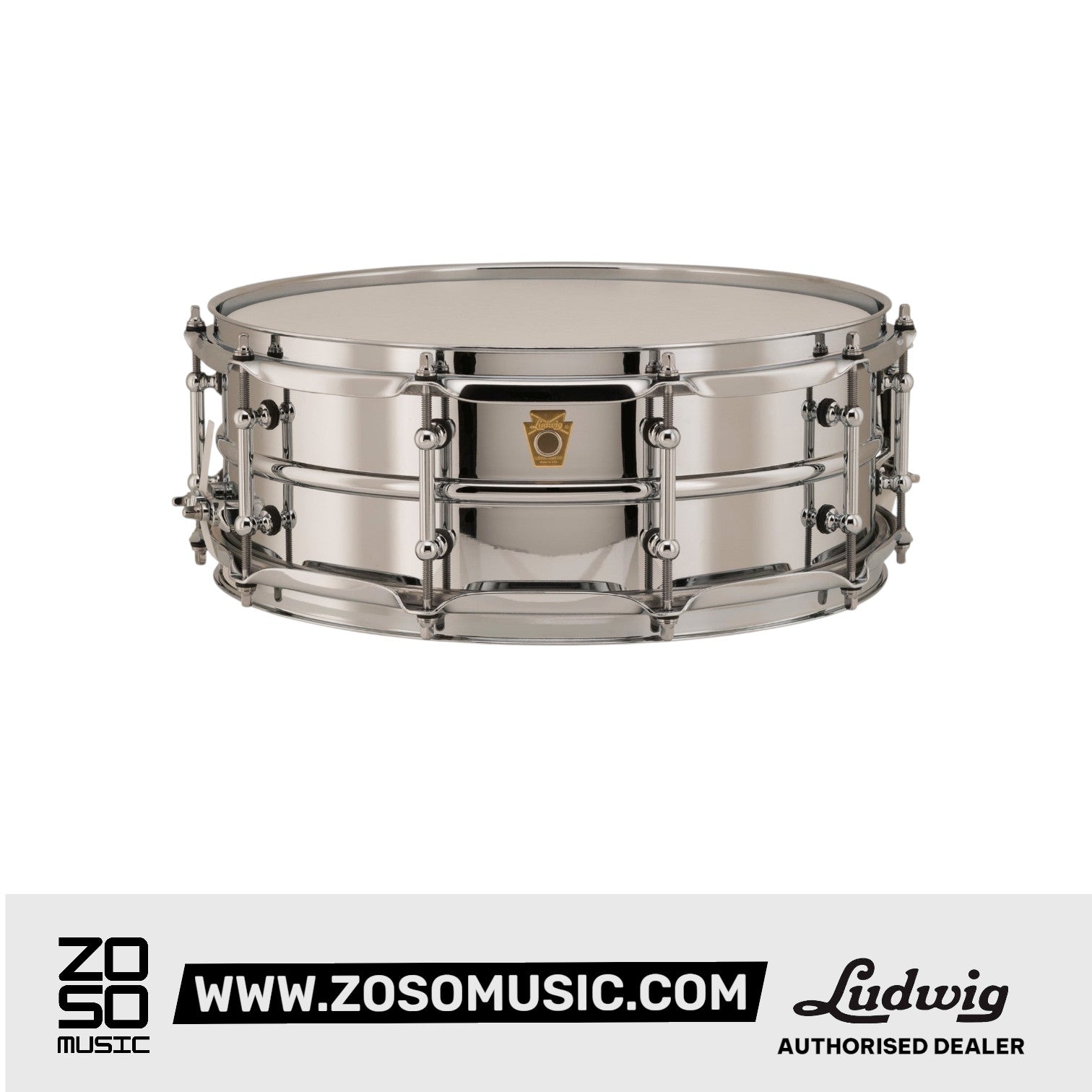 Ludwig LB400BT 5x14inch Chrome-Over Brass Snare Drum, Smooth Shell, Tube Lugs |  LUDWIG |  DRUM-ACOUSTIC |  Zoso Music