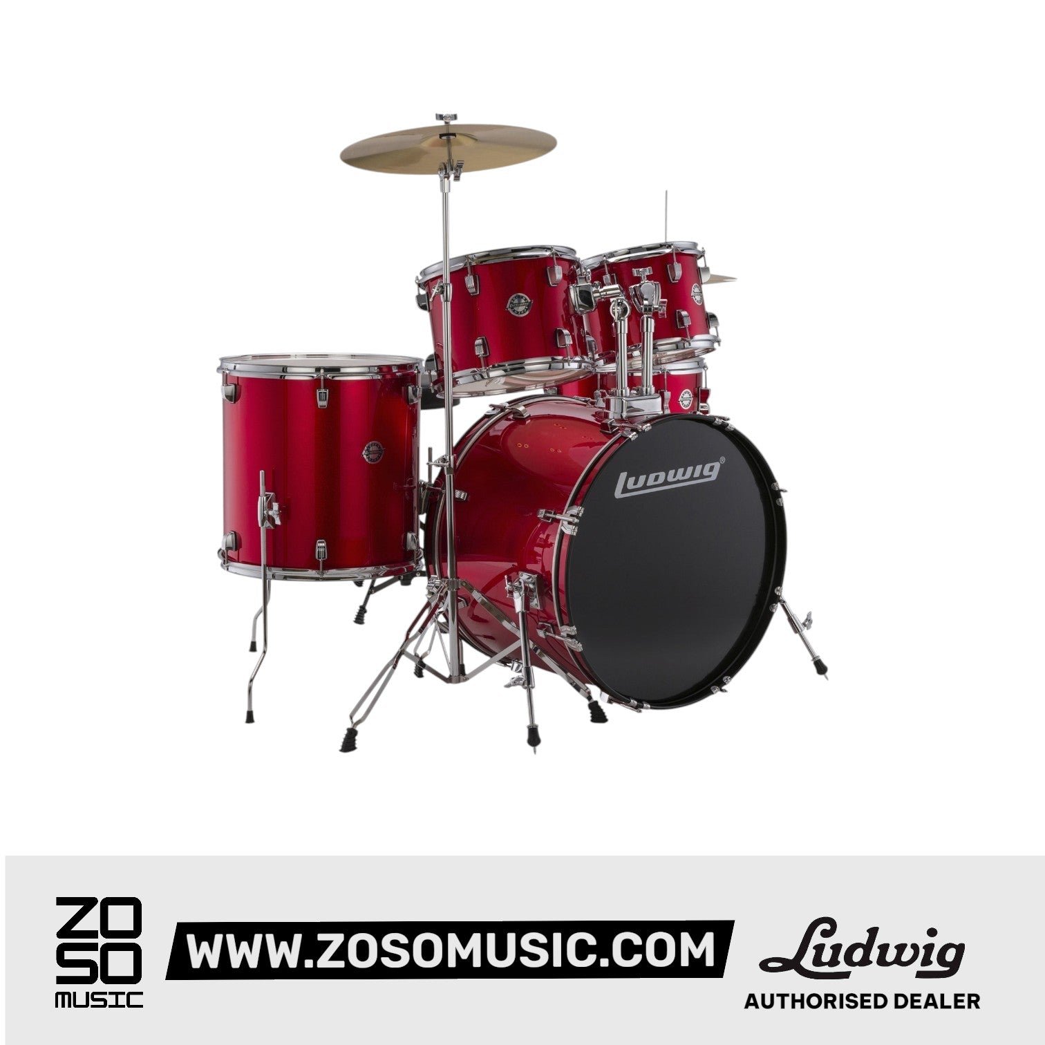 Ludwig LC16014 Accent Fuse 5-Piece Drums Set w/Hardware+Throne+Cymbal, Red Foil