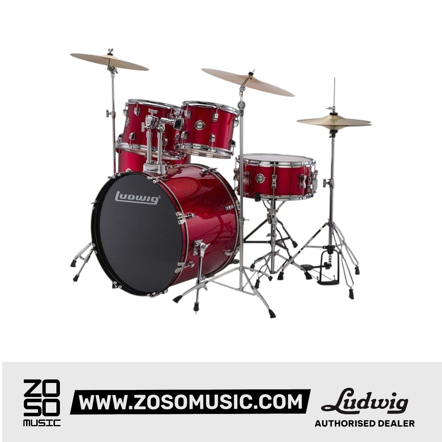 Ludwig LC16014 Accent Fuse 5-Piece Drums Set w/Hardware+Throne+Cymbal, Red Foil
