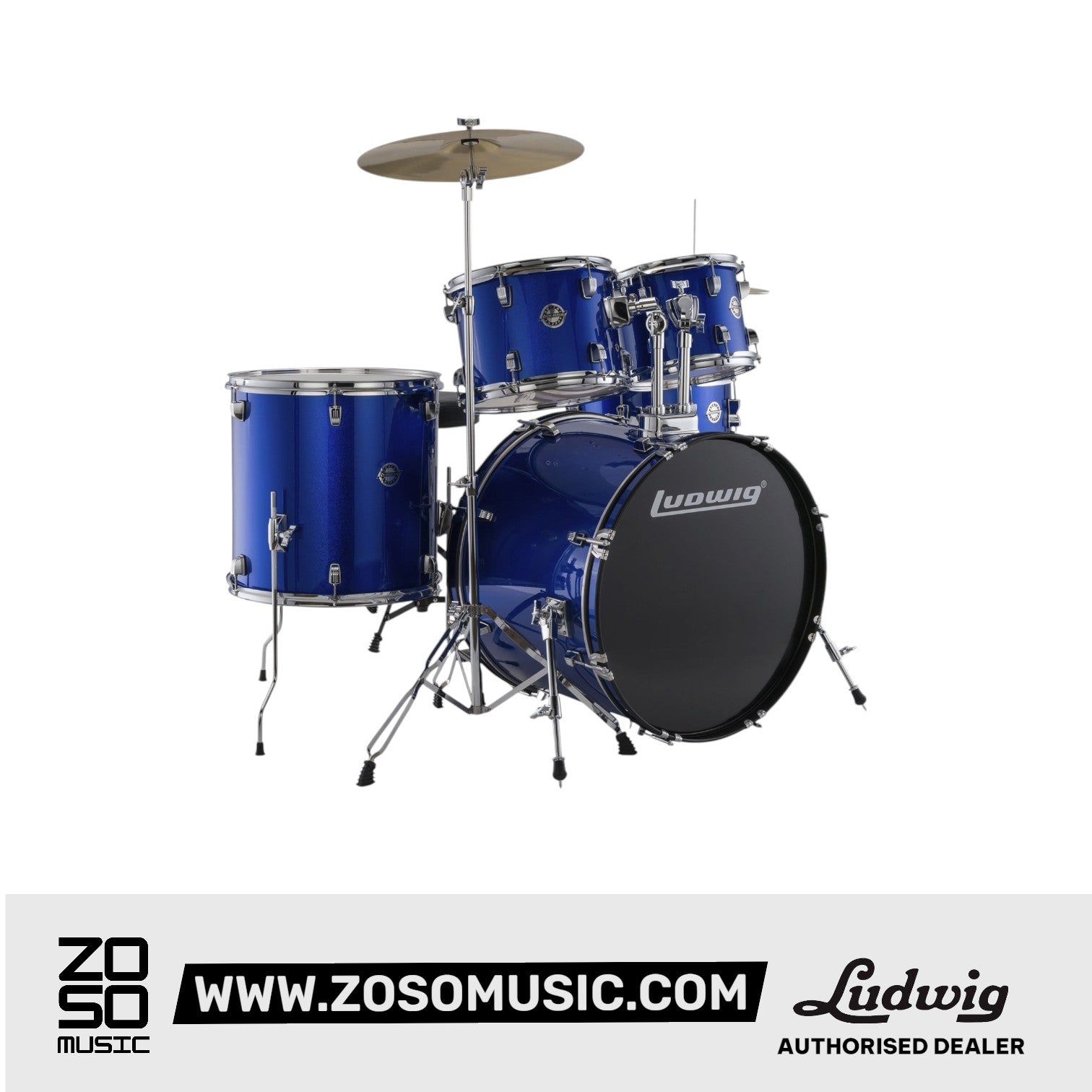 Ludwig LC16019 Accent Fuse 5-Piece Drums Set w/Hardware+Throne+Cymbal, Blue Foil |  LUDWIG |  DRUM-ACOUSTIC |  Zoso Music