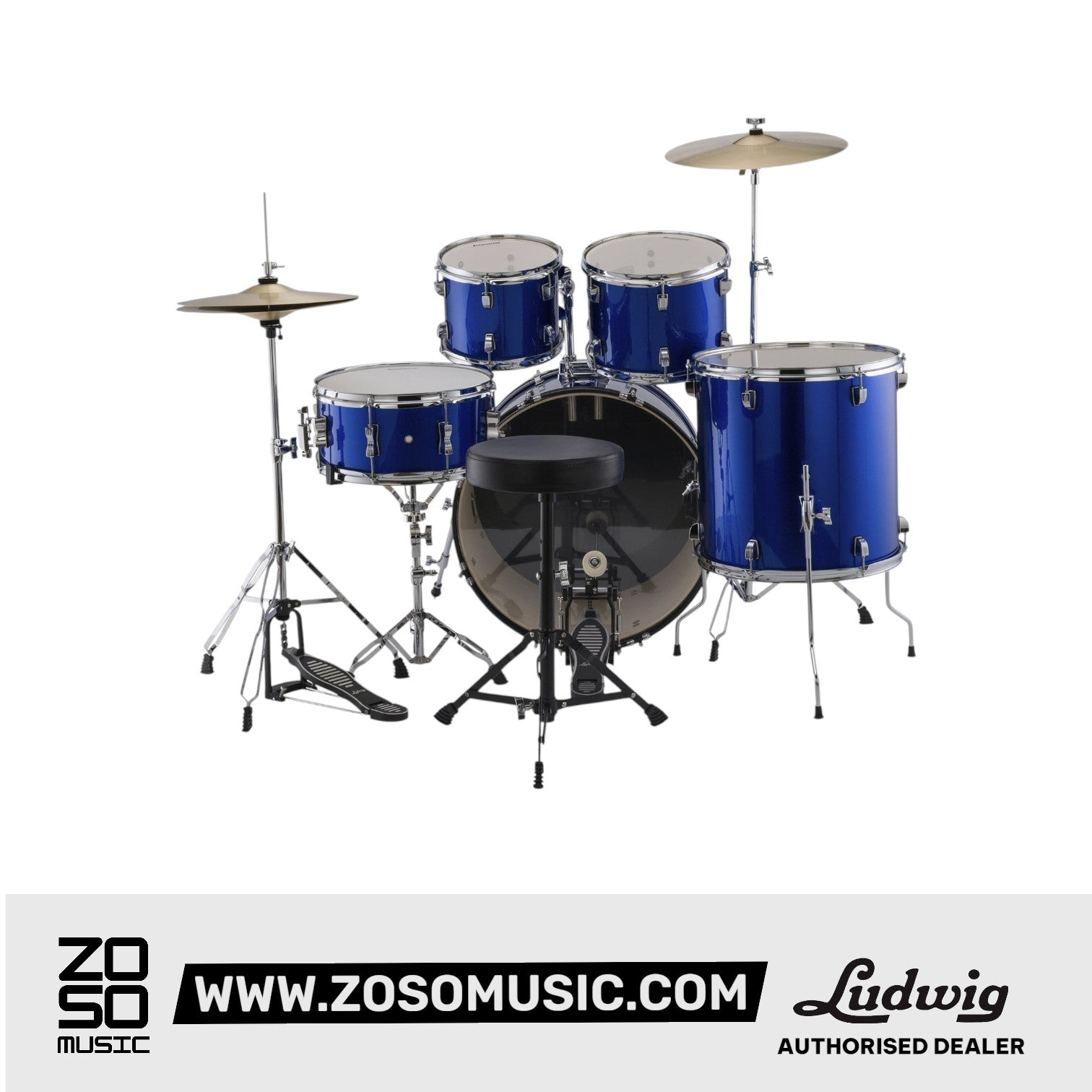 Ludwig LC16019 Accent Fuse 5-Piece Drums Set w/Hardware+Throne+Cymbal, Blue Foil |  LUDWIG |  DRUM-ACOUSTIC |  Zoso Music