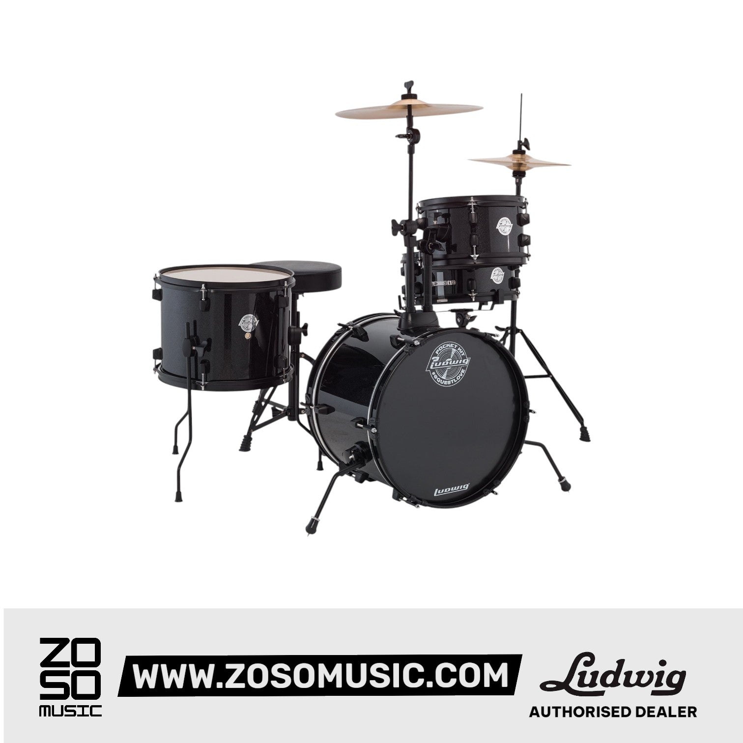 Ludwig LC178X016 Pocket Kit 4-Piece Drum Kit w/Hardware+Cymbals, Black Sparkle | Zoso Music Sdn Bhd