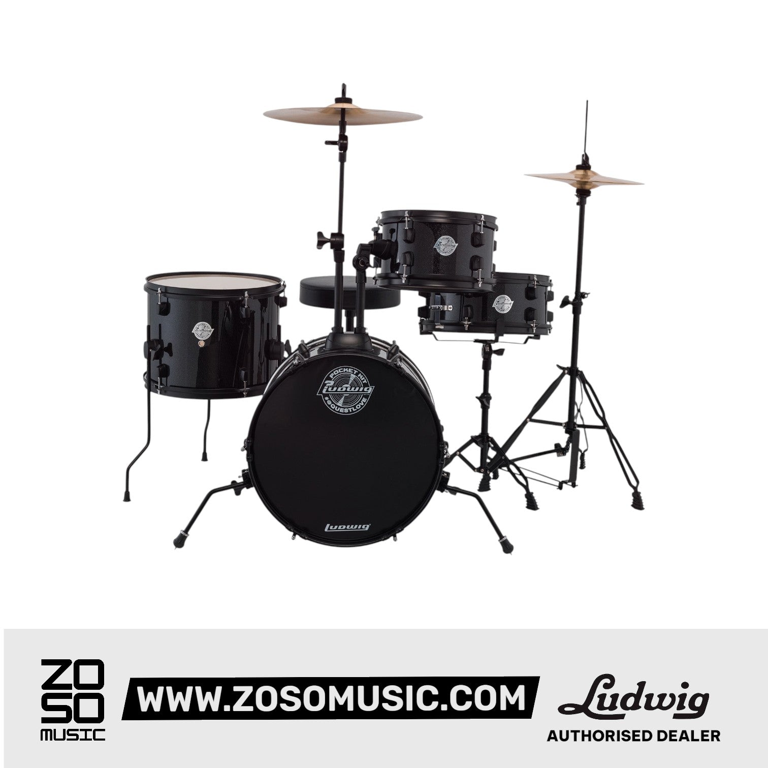 Ludwig LC178X016 Pocket Kit 4-Piece Drum Kit w/Hardware+Cymbals, Black Sparkle |  LUDWIG |  DRUM-ACOUSTIC |  Zoso Music