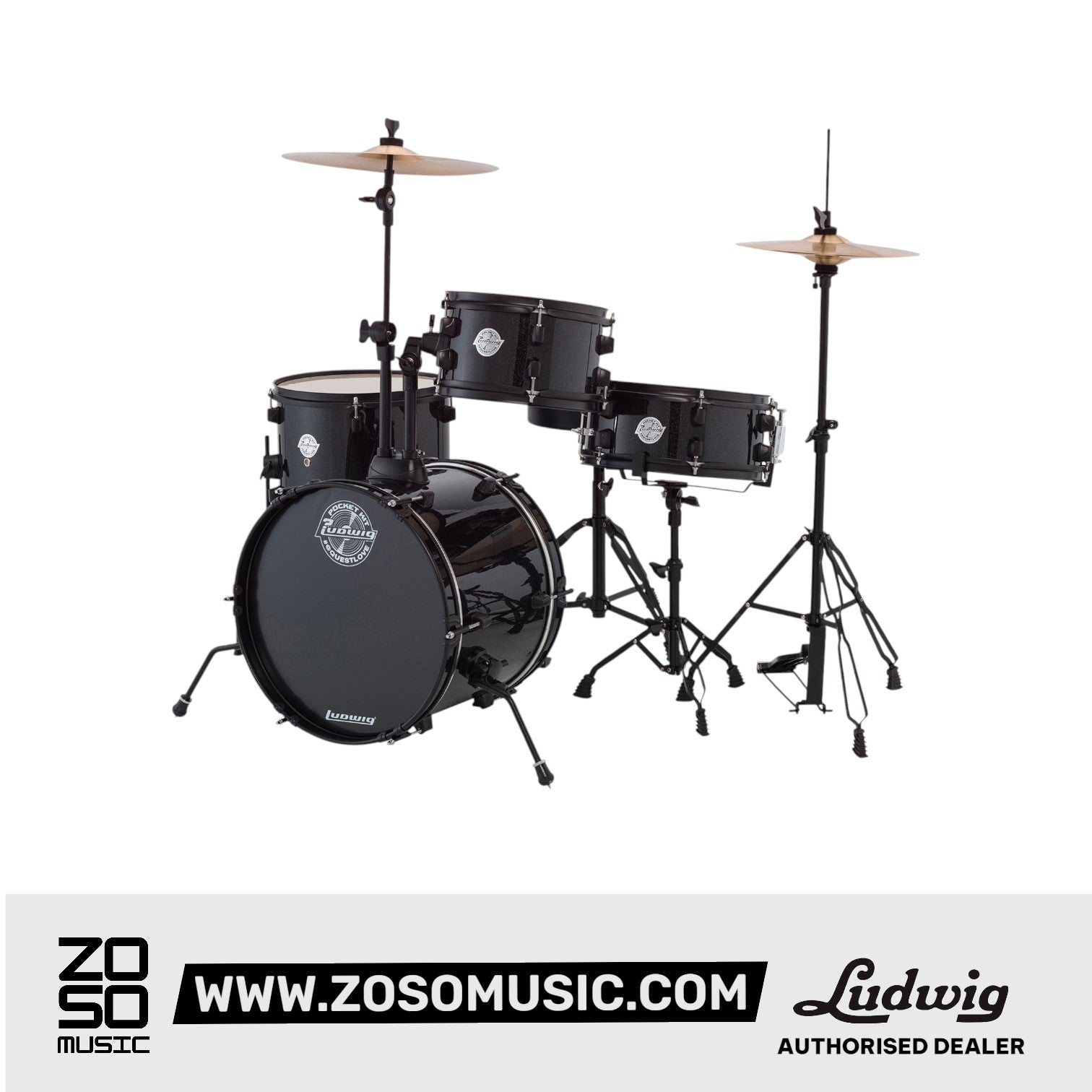Ludwig LC178X016 Pocket Kit 4-Piece Drum Kit w/Hardware+Cymbals, Black Sparkle |  LUDWIG |  DRUM-ACOUSTIC |  Zoso Music