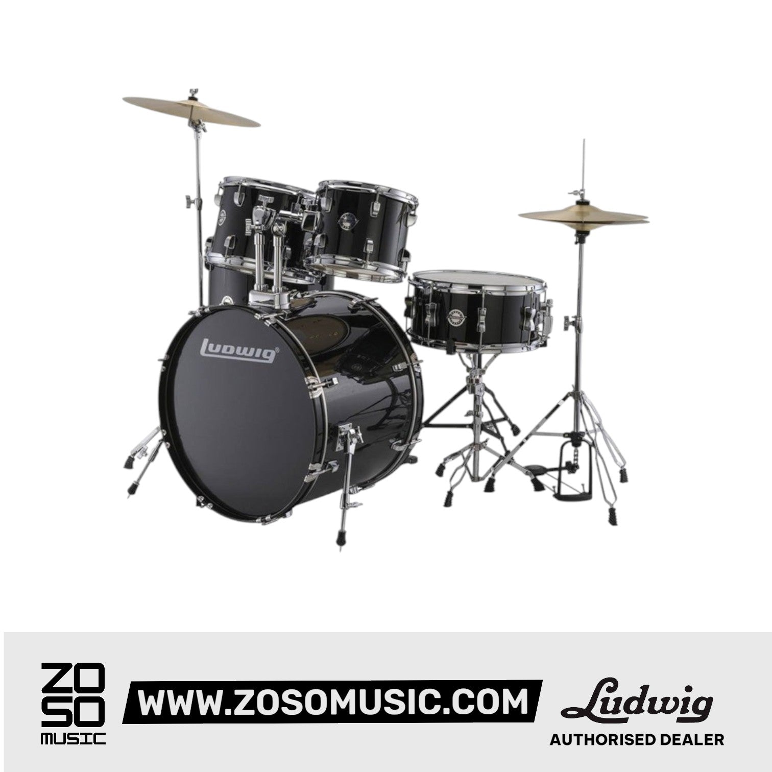 Ludwig LC19011 Accent Fuse 5-Piece Drums Set w/Hardware+Throne+Cymbal, Black Sparkle |  LUDWIG |  DRUM-ACOUSTIC |  Zoso Music
