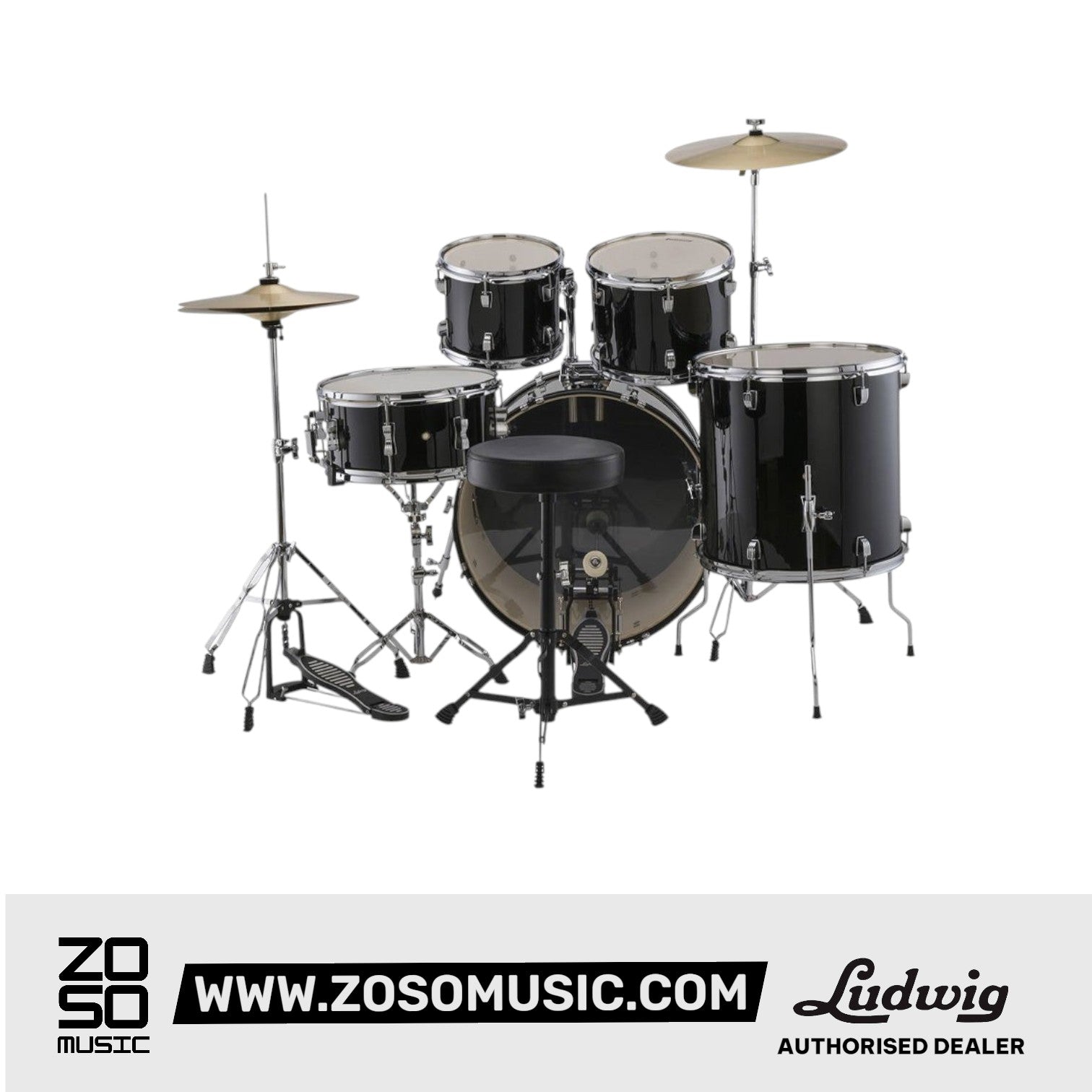Ludwig LC19011 Accent Fuse 5-Piece Drums Set w/Hardware+Throne+Cymbal, Black Sparkle |  LUDWIG |  DRUM-ACOUSTIC |  Zoso Music