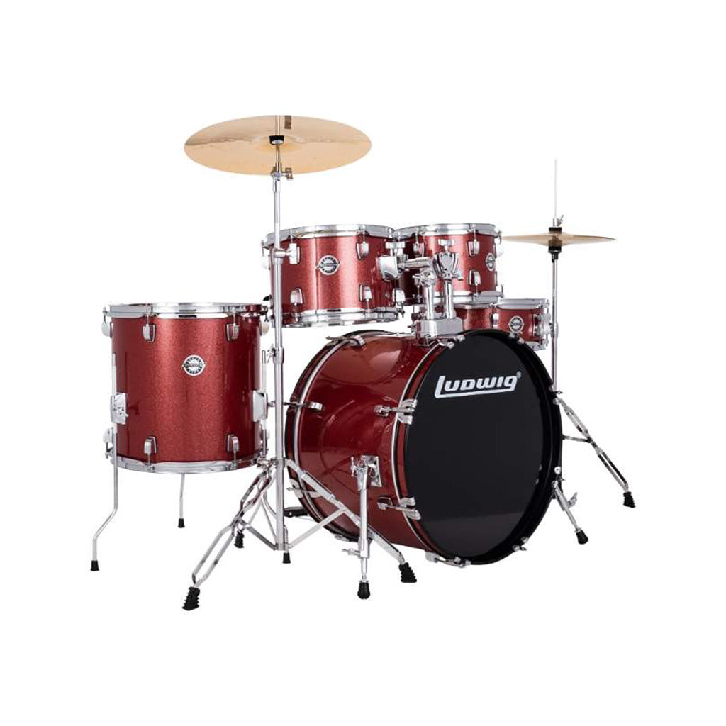 Ludwig LC19014 Accent Fuse 5-Piece Drums Set w/Hardware+Throne+Cymbal, Red Sparkle