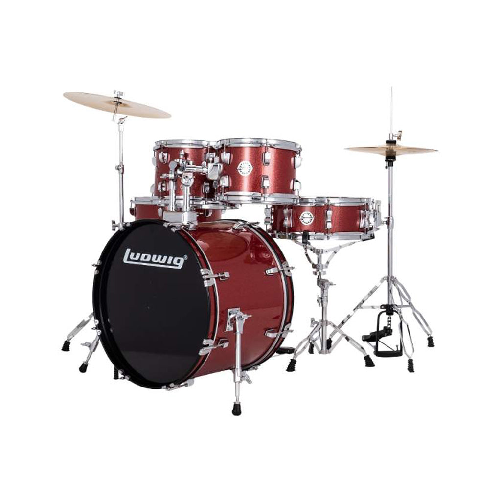 Ludwig LC19014 Accent Fuse 5-Piece Drums Set w/Hardware+Throne+Cymbal, Red Sparkle