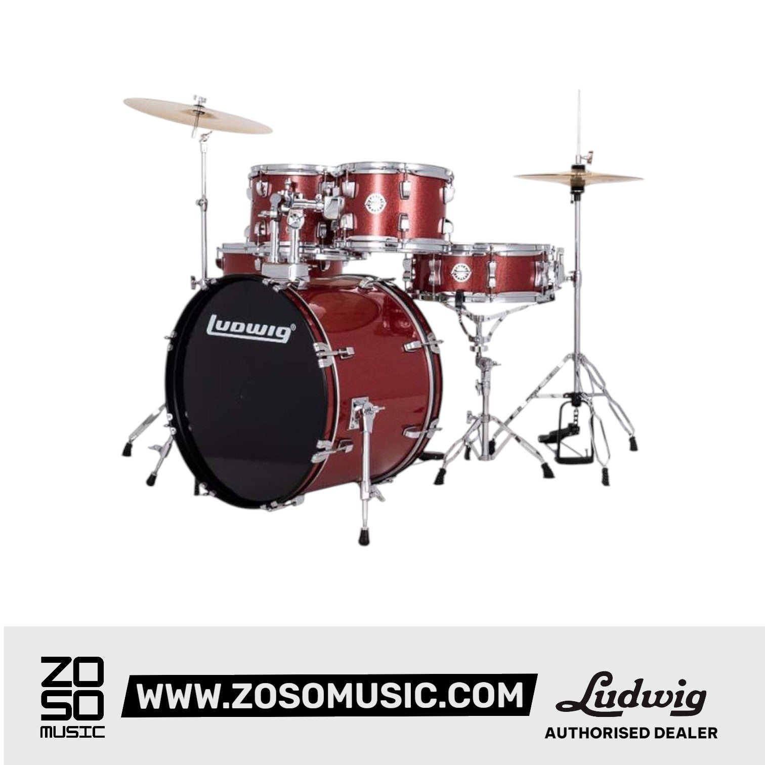 Ludwig LC19014 Accent Fuse 5-Piece Drums Set w/Hardware+Throne+Cymbal, Red Sparkle |  LUDWIG |  DRUM-ACOUSTIC |  Zoso Music