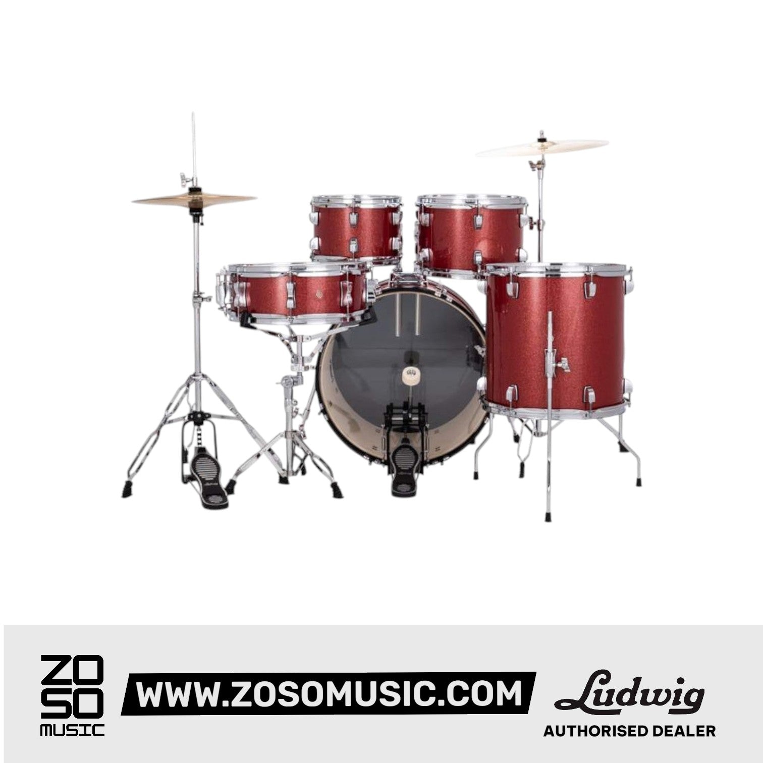 Ludwig LC19014 Accent Fuse 5-Piece Drums Set w/Hardware+Throne+Cymbal, Red Sparkle |  LUDWIG |  DRUM-ACOUSTIC |  Zoso Music