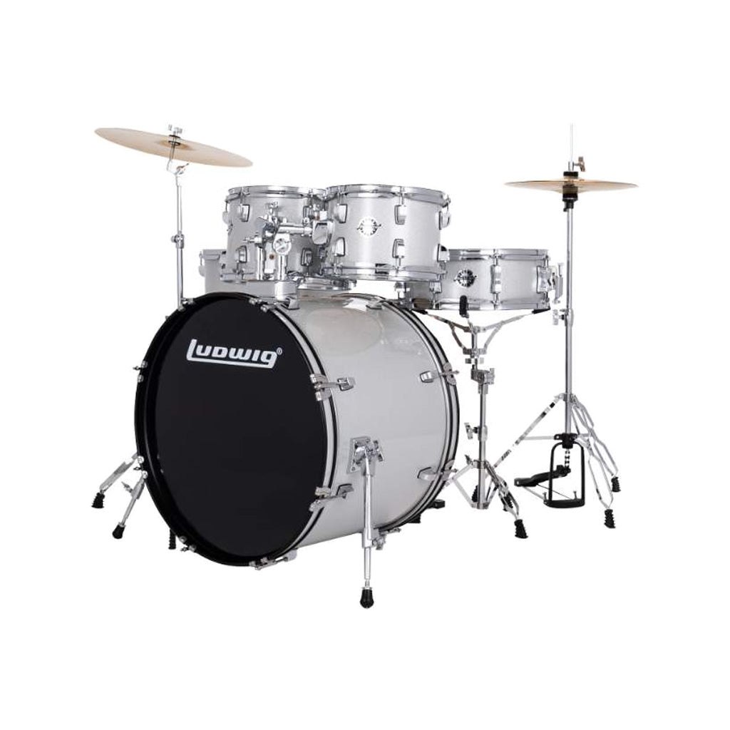 Ludwig LC19015 Accent Fuse 5-Piece Drums Set w/Hardware+Throne+Cymbal, Silver Sparkle
