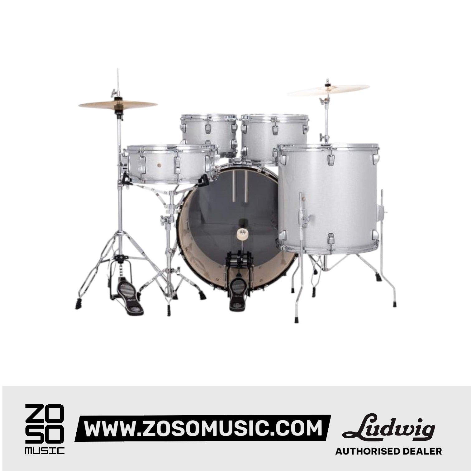 Ludwig LC19015 Accent Fuse 5-Piece Drums Set w/Hardware+Throne+Cymbal, Silver Sparkle |  LUDWIG |  DRUM-ACOUSTIC |  Zoso Music