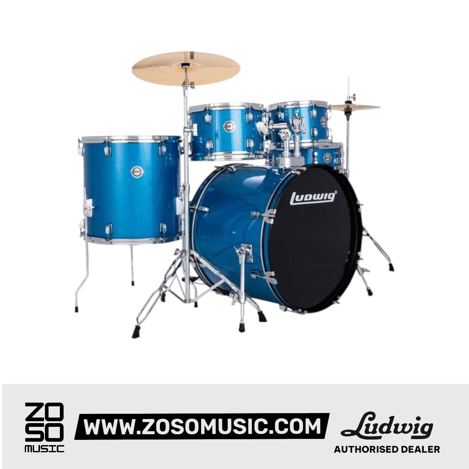 Ludwig LC19019 Accent Fuse 5-Piece Drums Set w/Hardware+Throne+Cymbal, Blue Sparkle |  LUDWIG |  DRUM-ACOUSTIC |  Zoso Music