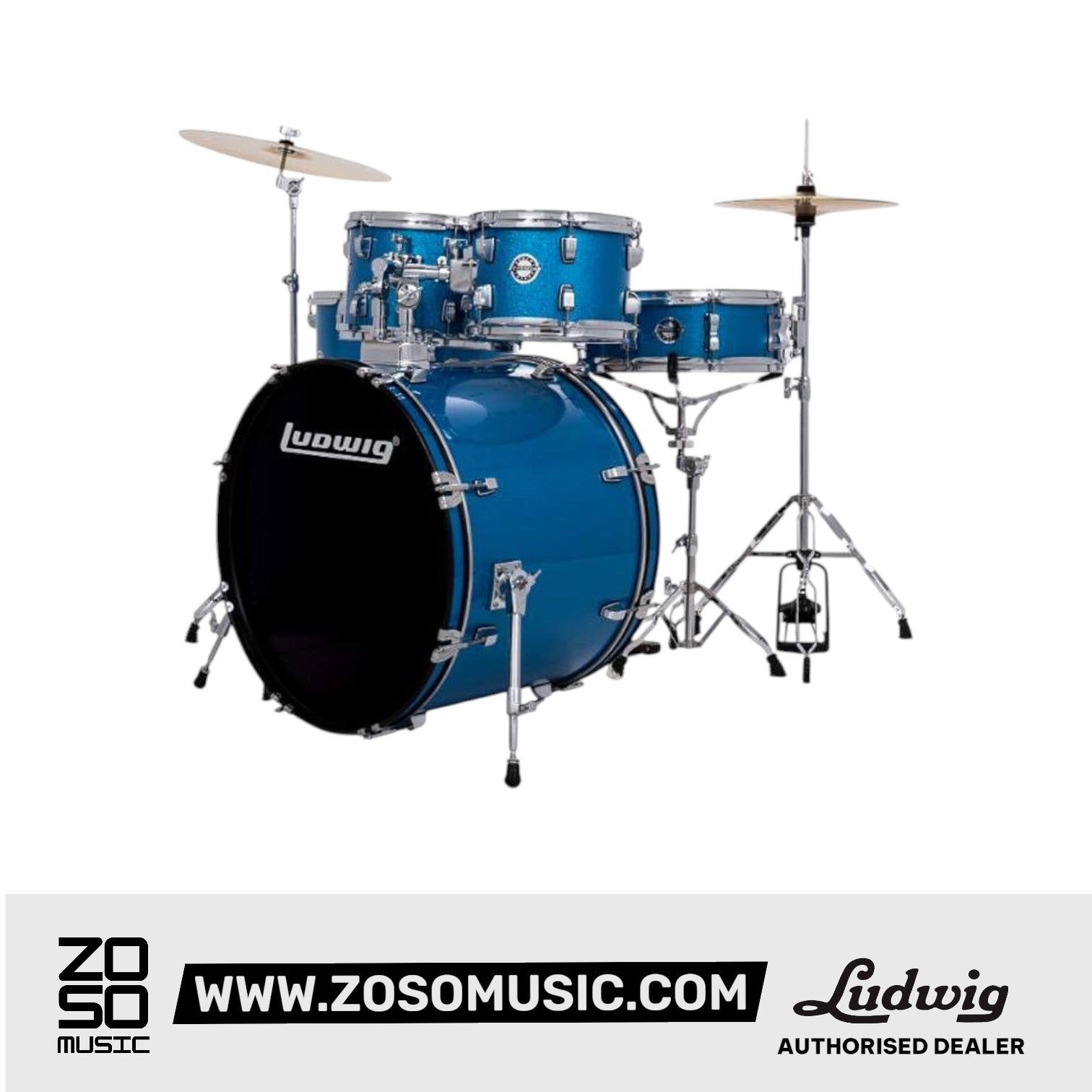 Ludwig LC19019 Accent Fuse 5-Piece Drums Set w/Hardware+Throne+Cymbal, Blue Sparkle |  LUDWIG |  DRUM-ACOUSTIC |  Zoso Music