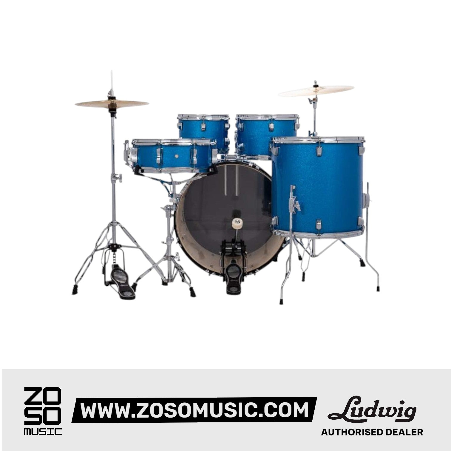 Ludwig LC19019 Accent Fuse 5-Piece Drums Set w/Hardware+Throne+Cymbal, Blue Sparkle |  LUDWIG |  DRUM-ACOUSTIC |  Zoso Music