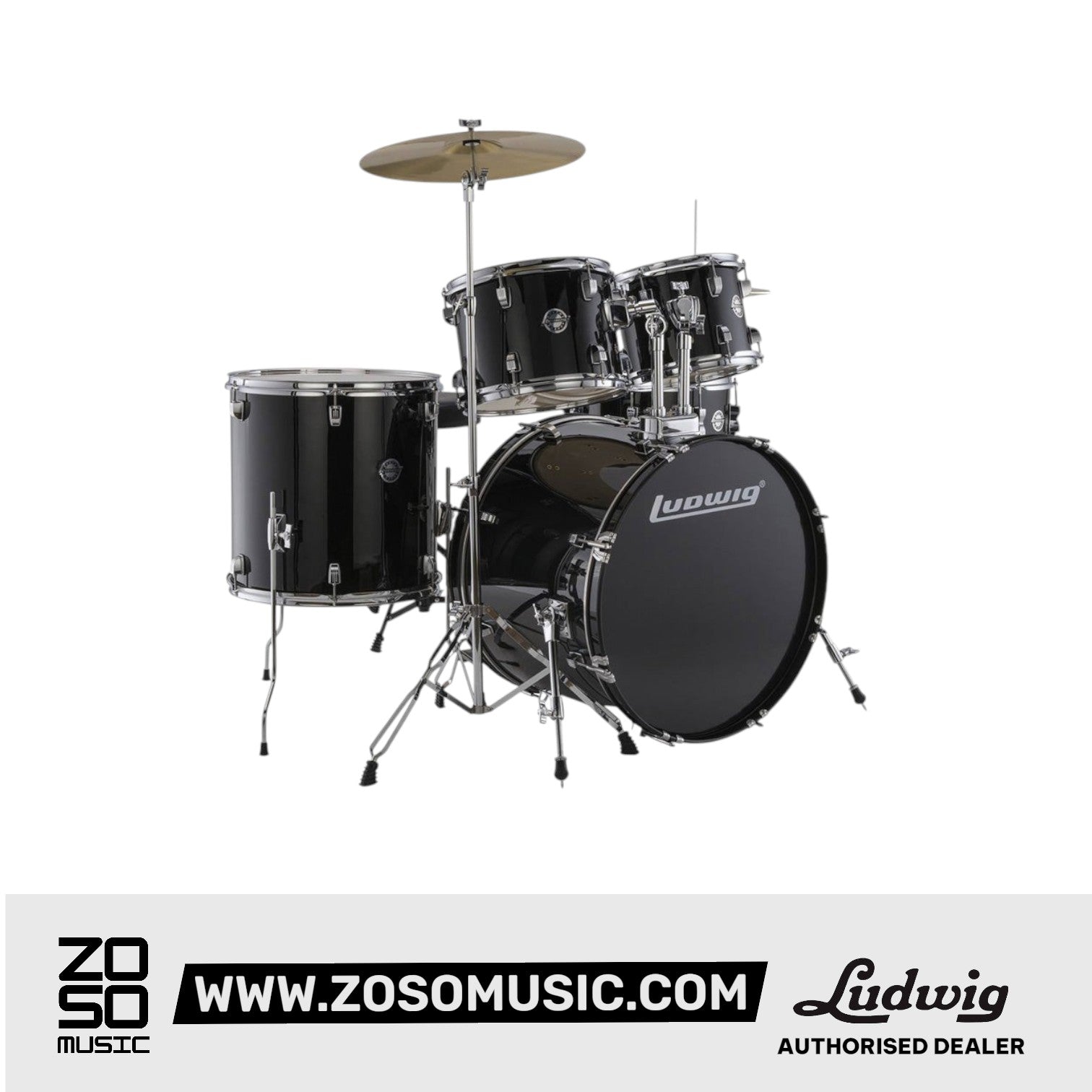 Ludwig LC19511 Accent Drive 5-Piece Drums Set w/Hardware+Throne+Cymbal, Black Sparkle |  LUDWIG |  DRUM-ACOUSTIC |  Zoso Music