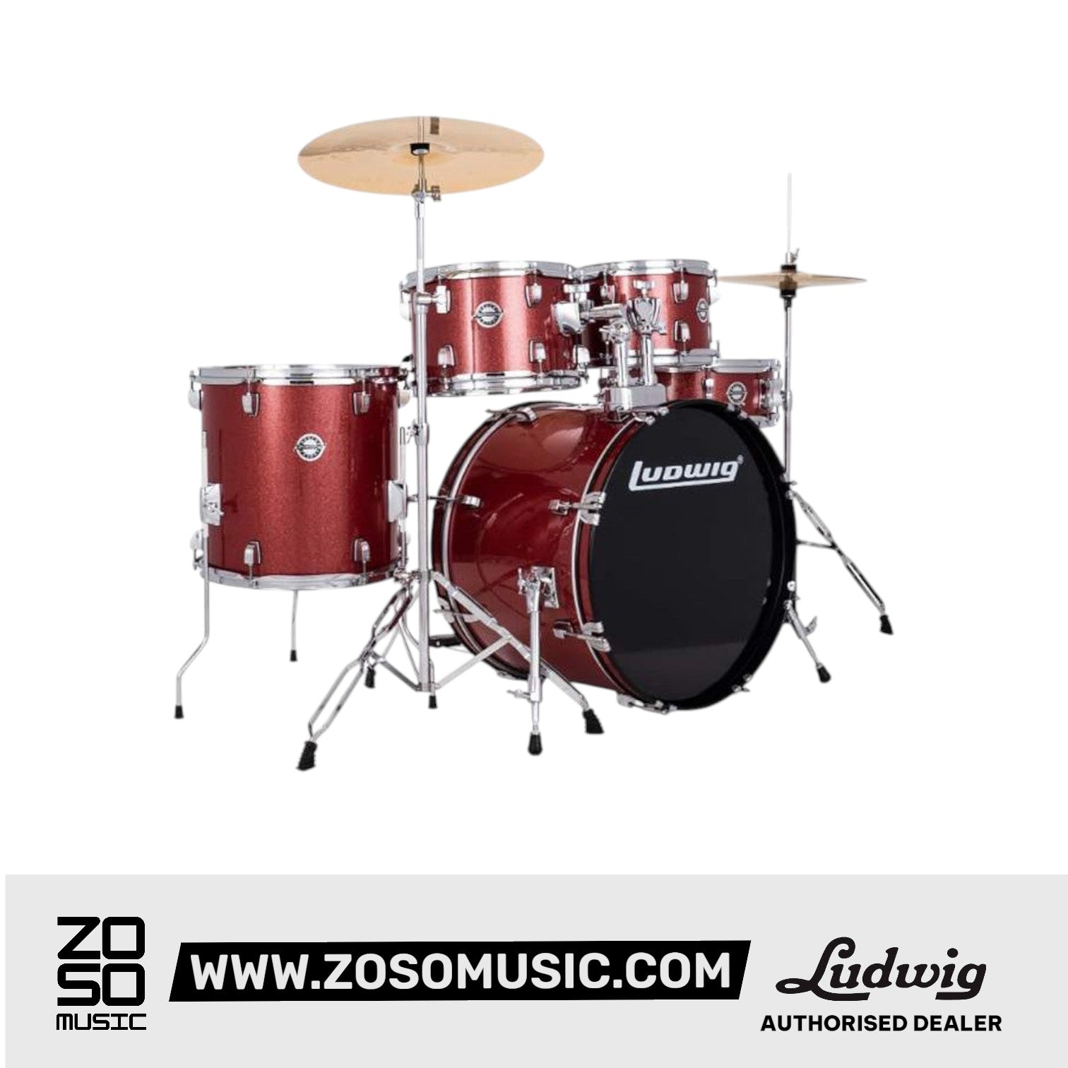 Ludwig LC19514 Accent Drive 5-Piece Drums Set w/Hardware+Throne+Cymbal, Red Sparkle |  LUDWIG |  DRUM-ACOUSTIC |  Zoso Music