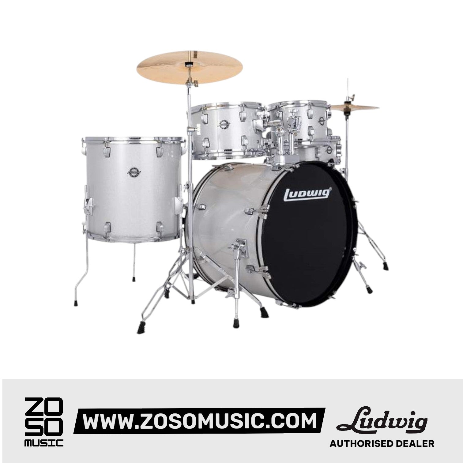 Ludwig LC19515 Accent Drive 5-Piece Drums Set w/Hardware+Throne+Cymbal, Silver Sparkle |  LUDWIG |  DRUM-ACOUSTIC |  Zoso Music