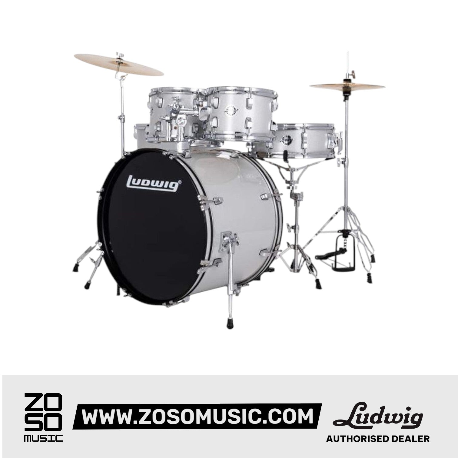Ludwig LC19515 Accent Drive 5-Piece Drums Set w/Hardware+Throne+Cymbal, Silver Sparkle |  LUDWIG |  DRUM-ACOUSTIC |  Zoso Music