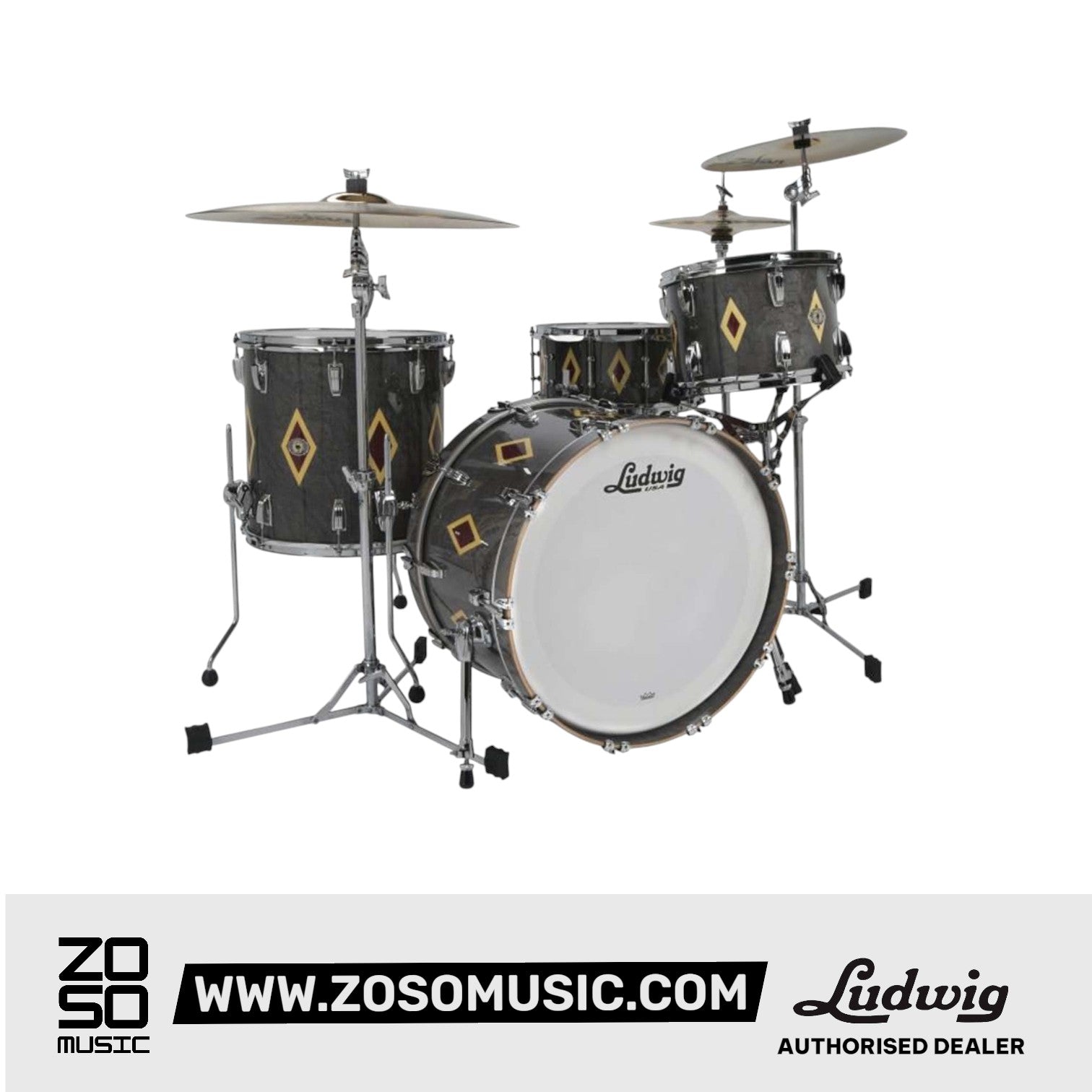 Ludwig LLC54233LXCX2 Legacy Mahogany 110th Anni. FAB Kit(22B/16F/13T), Flash Diamond Inlay Charcoal |  LUDWIG |  DRUM-ACOUSTIC |  Zoso Music