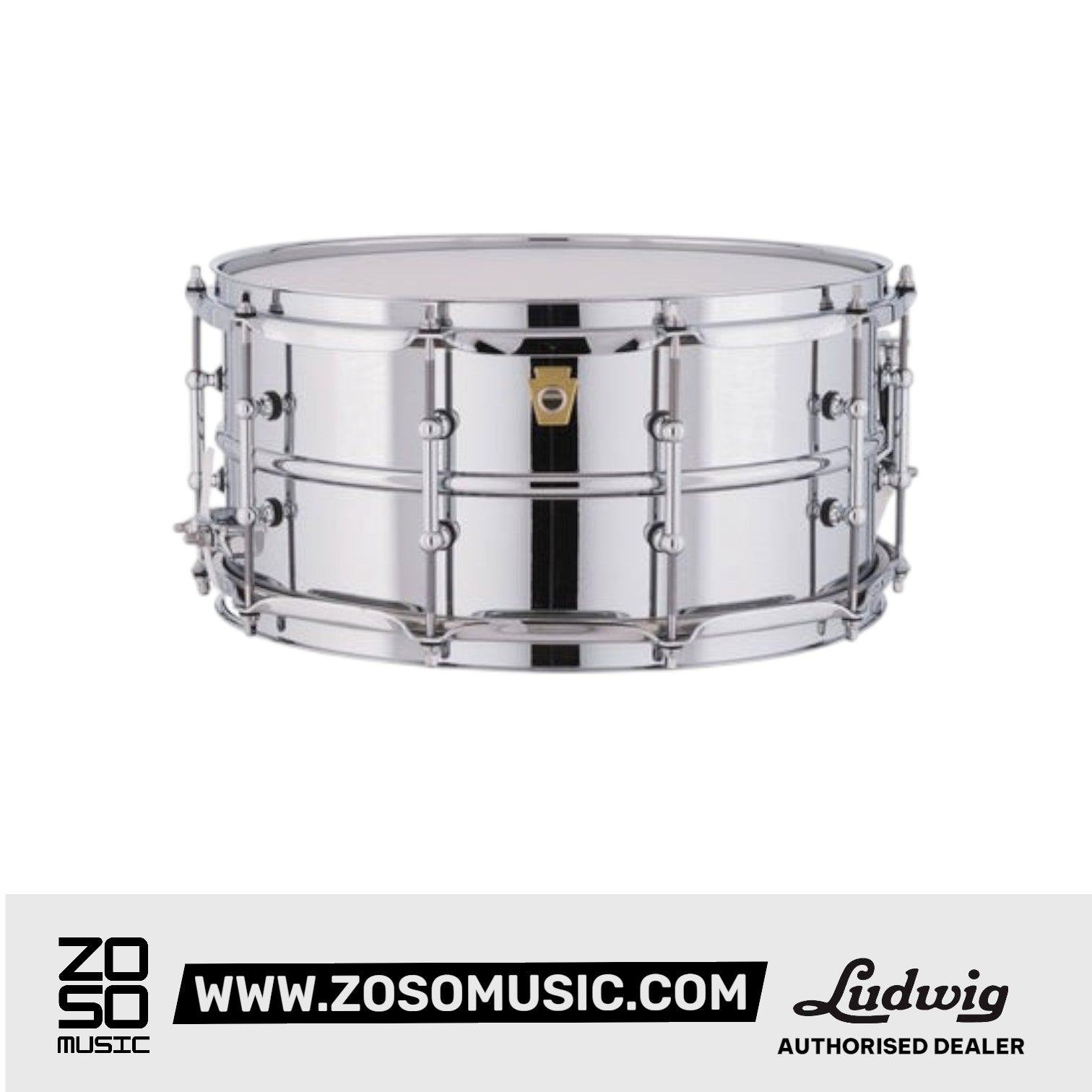 Ludwig LB402BT 6.5x14inch Chrome-Over Brass Snare Drum, Smooth Shell, Tube Lugs |  LUDWIG |  DRUM-SNARE DRUM |  Zoso Music