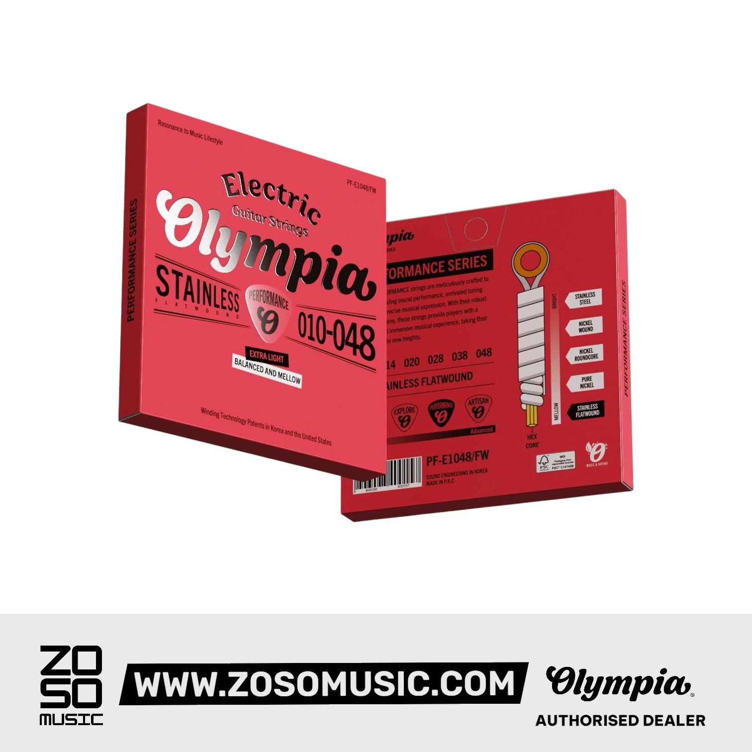 Olympia PF-E1048/FW Stainless Steel Hex Core Electric Guitar Strings Flatwound 10-48