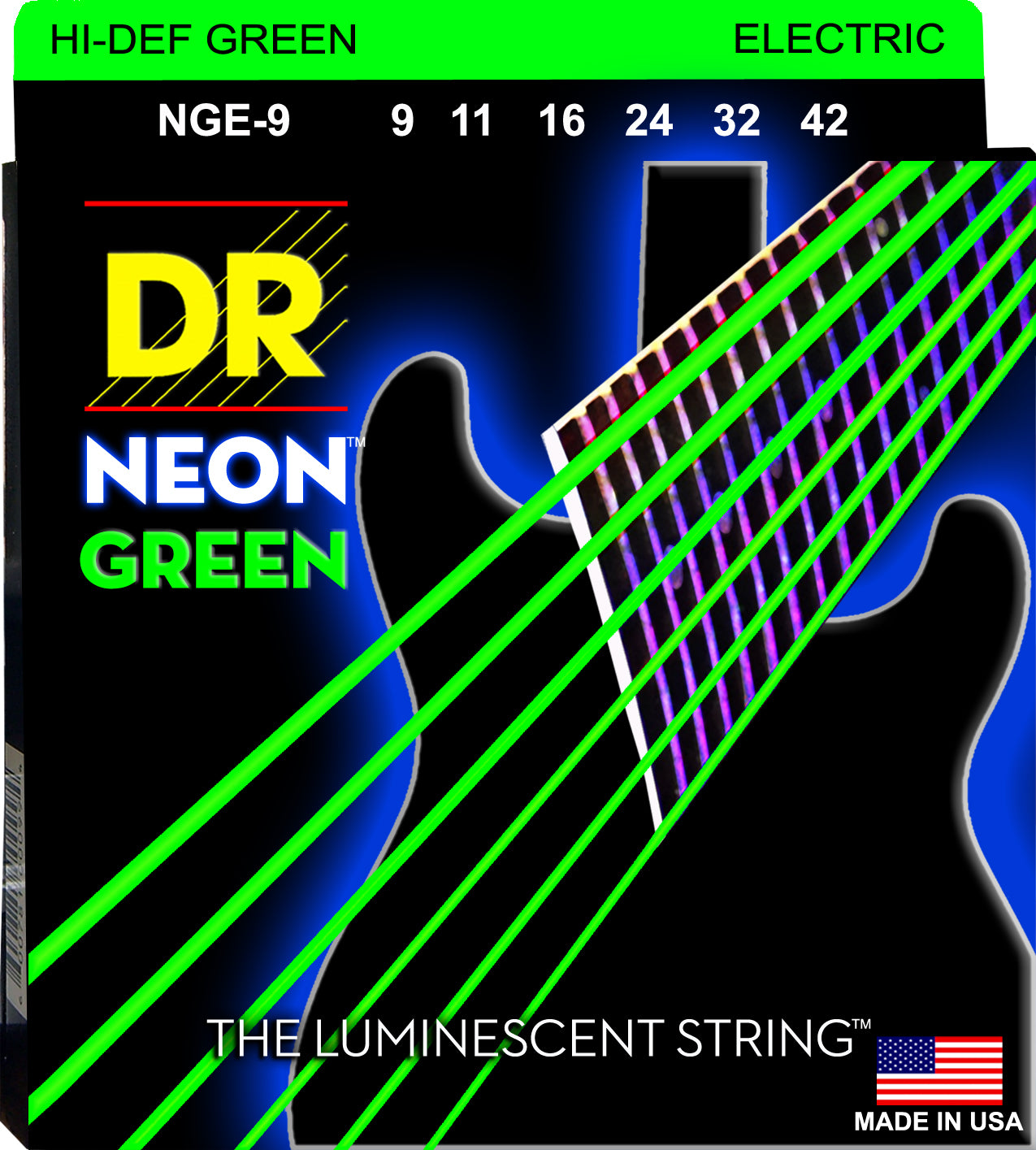 DR Strings NGE-9 NEON Green Coated Nickel Plated Electric Guitar Strings | Light (009 - 042)