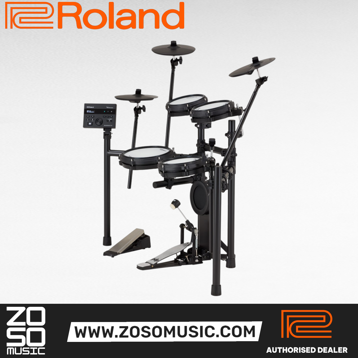 Zoso Music Roland V-Drums TD-07DMK2 electronic drum set with mesh pads, black rack stand, and TD-07 sound module.