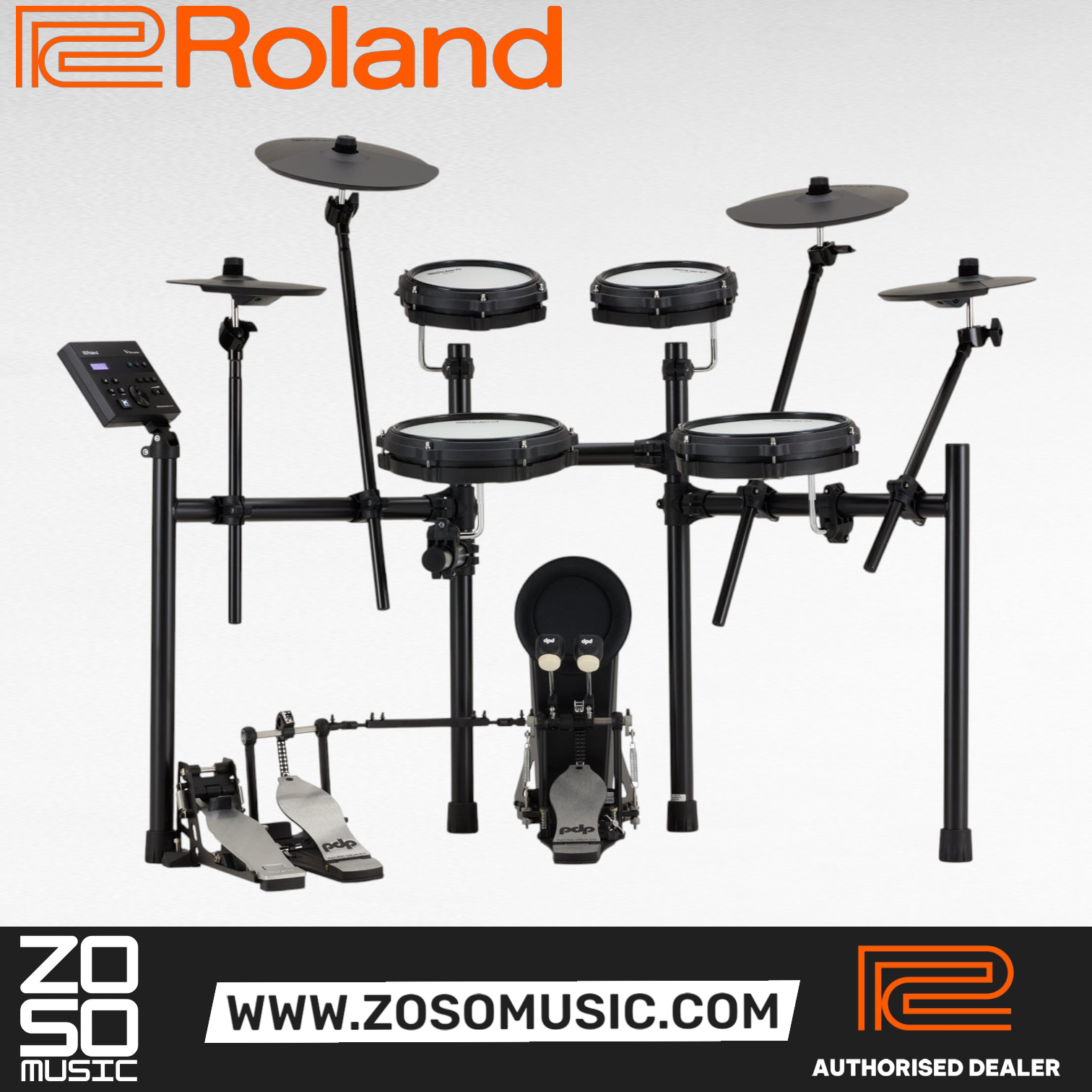 Zoso Music Roland V-Drums TD-07KV2 electronic drum set with mesh heads, cymbals, and TD-07 module on a black rack.